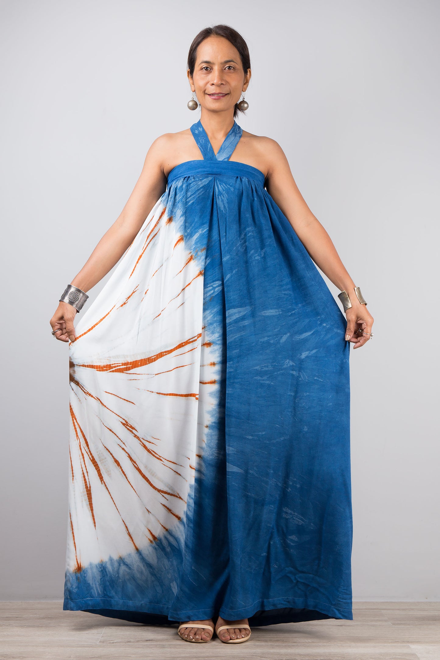 Indigo summer dress by Nuichan. Blue tie dye shibori dress