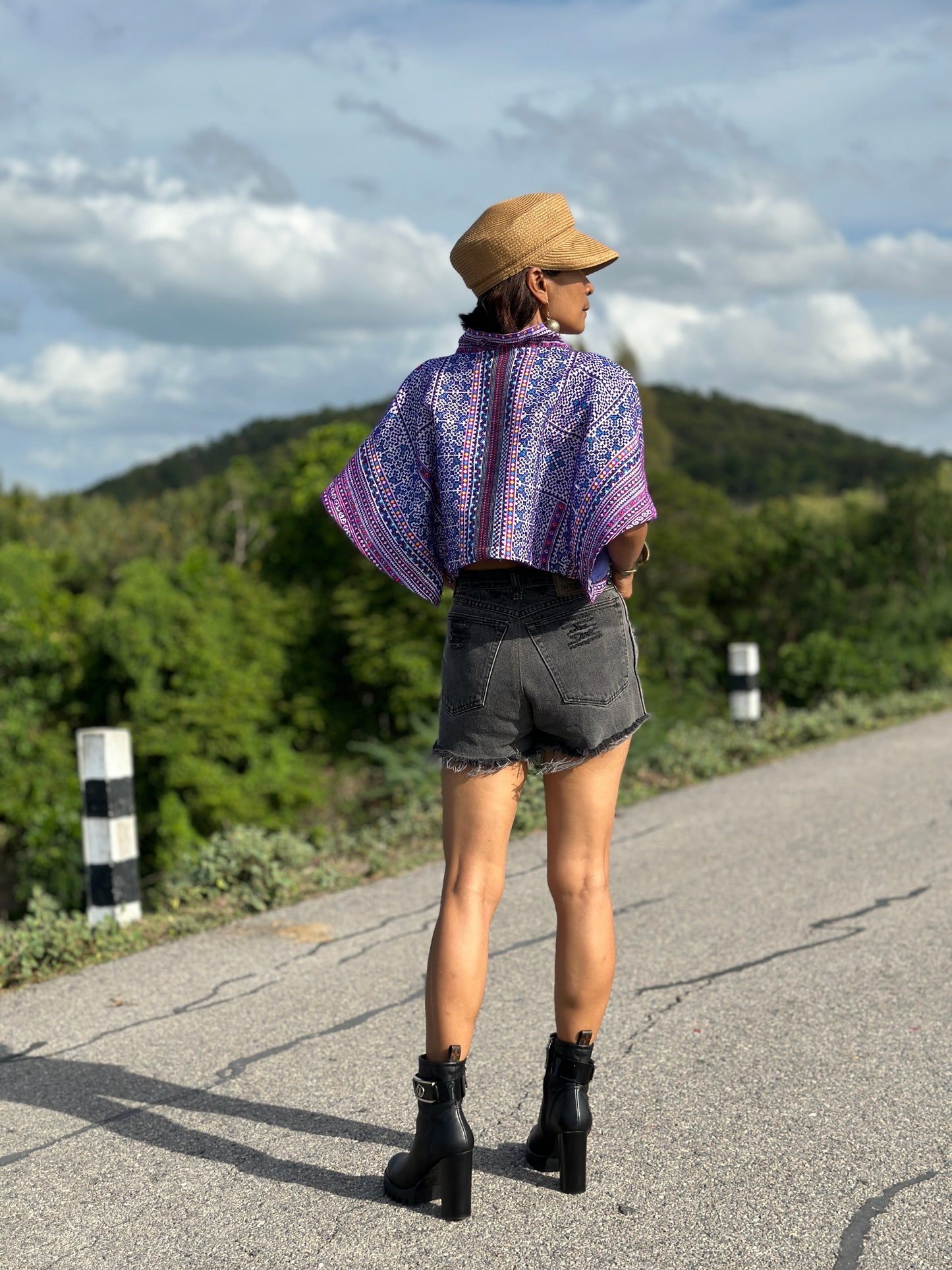 Purple kimono style top, crop top, cross front top, embroidered top, original hill tribe fabric, upcycled fabric design, loose fit boho top