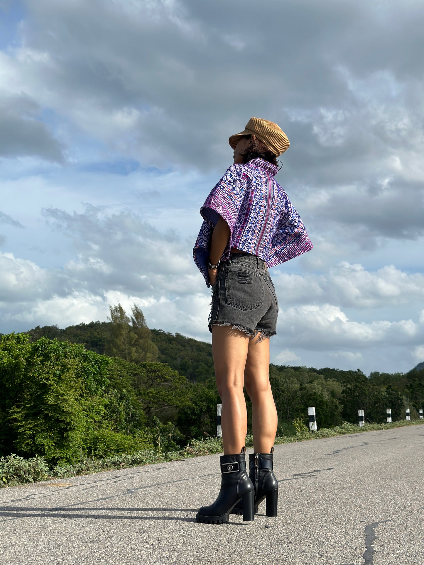Purple kimono style top, crop top, cross front top, embroidered top, original hill tribe fabric, upcycled fabric design, loose fit boho top