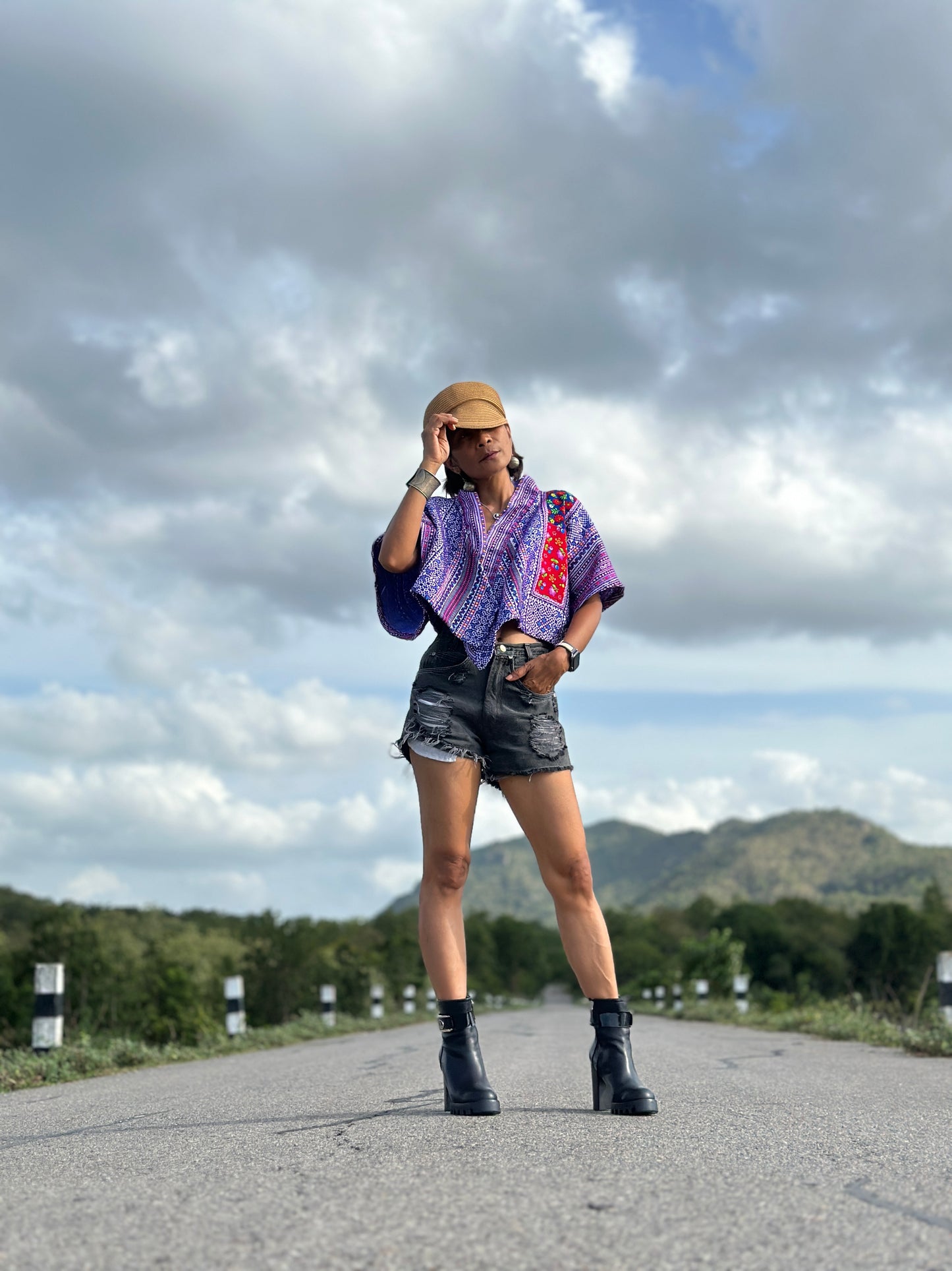 Purple kimono style top, crop top, cross front top, embroidered top, original hill tribe fabric, upcycled fabric design, loose fit boho top
