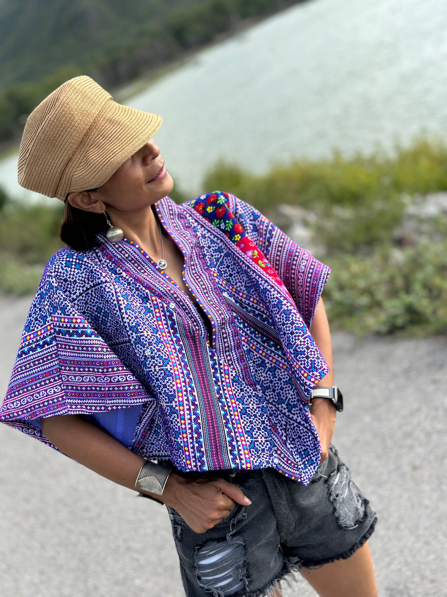 Purple kimono style top, crop top, cross front top, embroidered top, original hill tribe fabric, upcycled fabric design, loose fit boho top