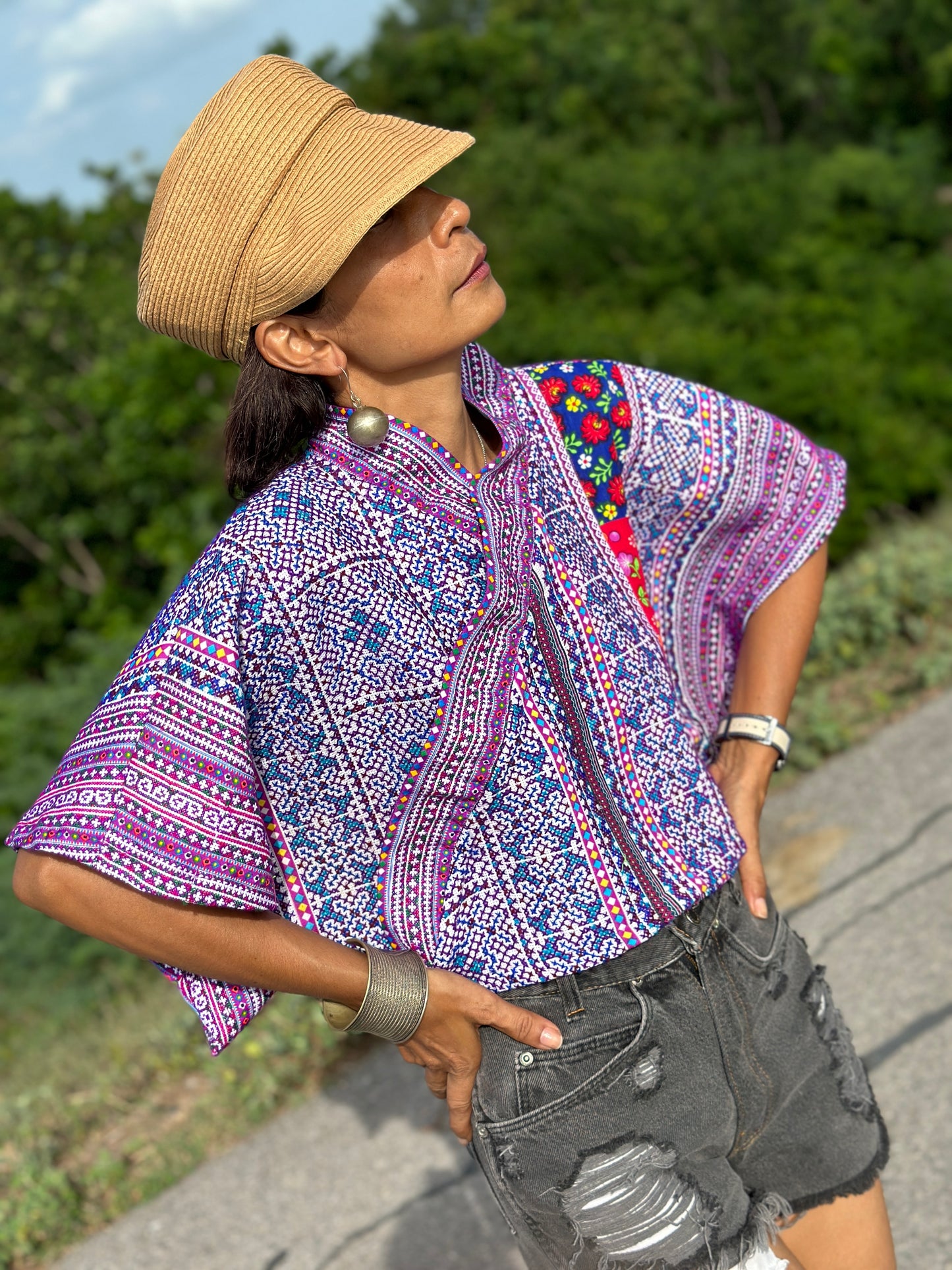 Purple kimono style top, crop top, cross front top, embroidered top, original hill tribe fabric, upcycled fabric design, loose fit boho top