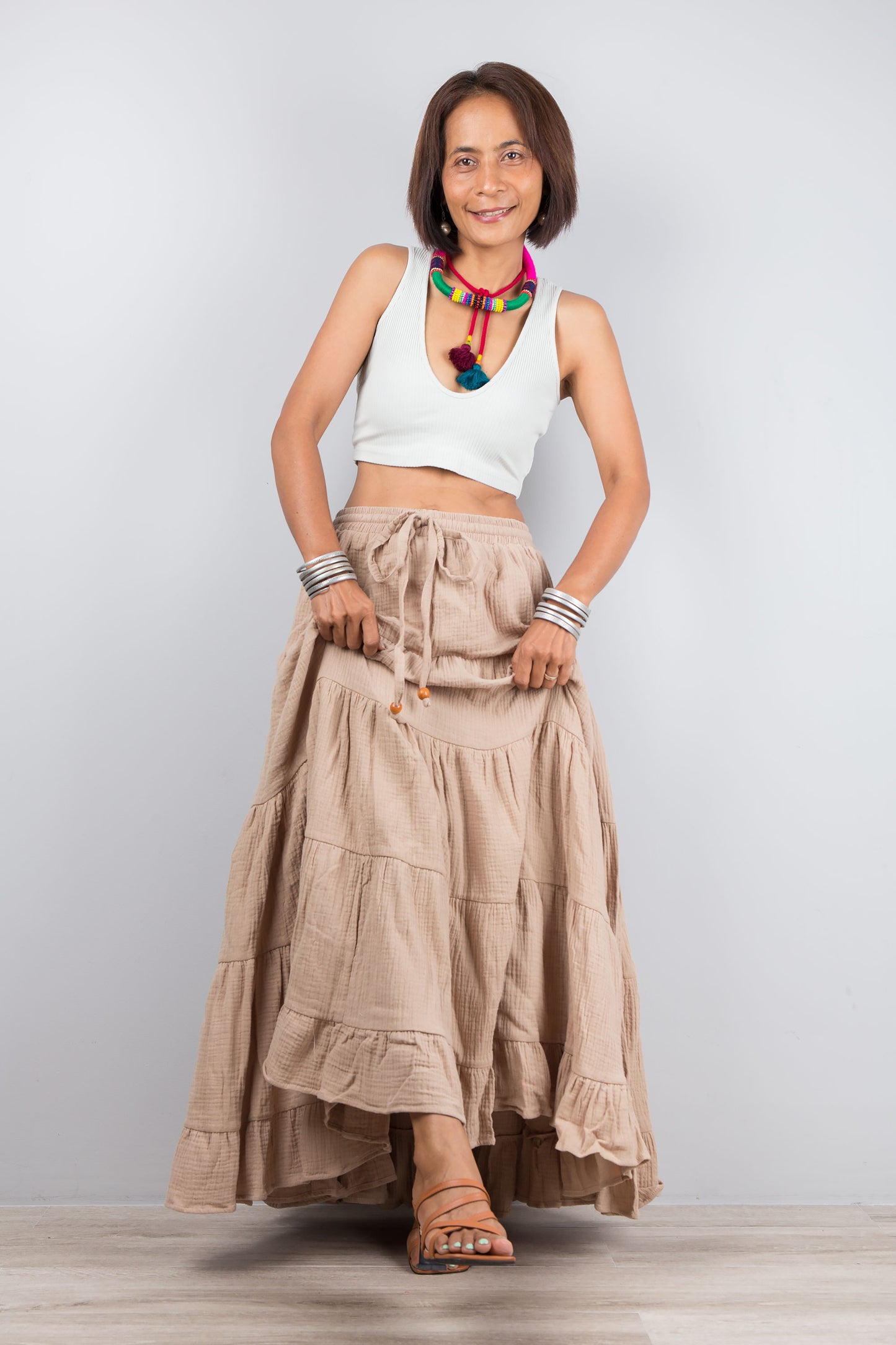 Cotton maxi skirt. Long soft flowing skirt by Nuichan. Tiered skirt for women