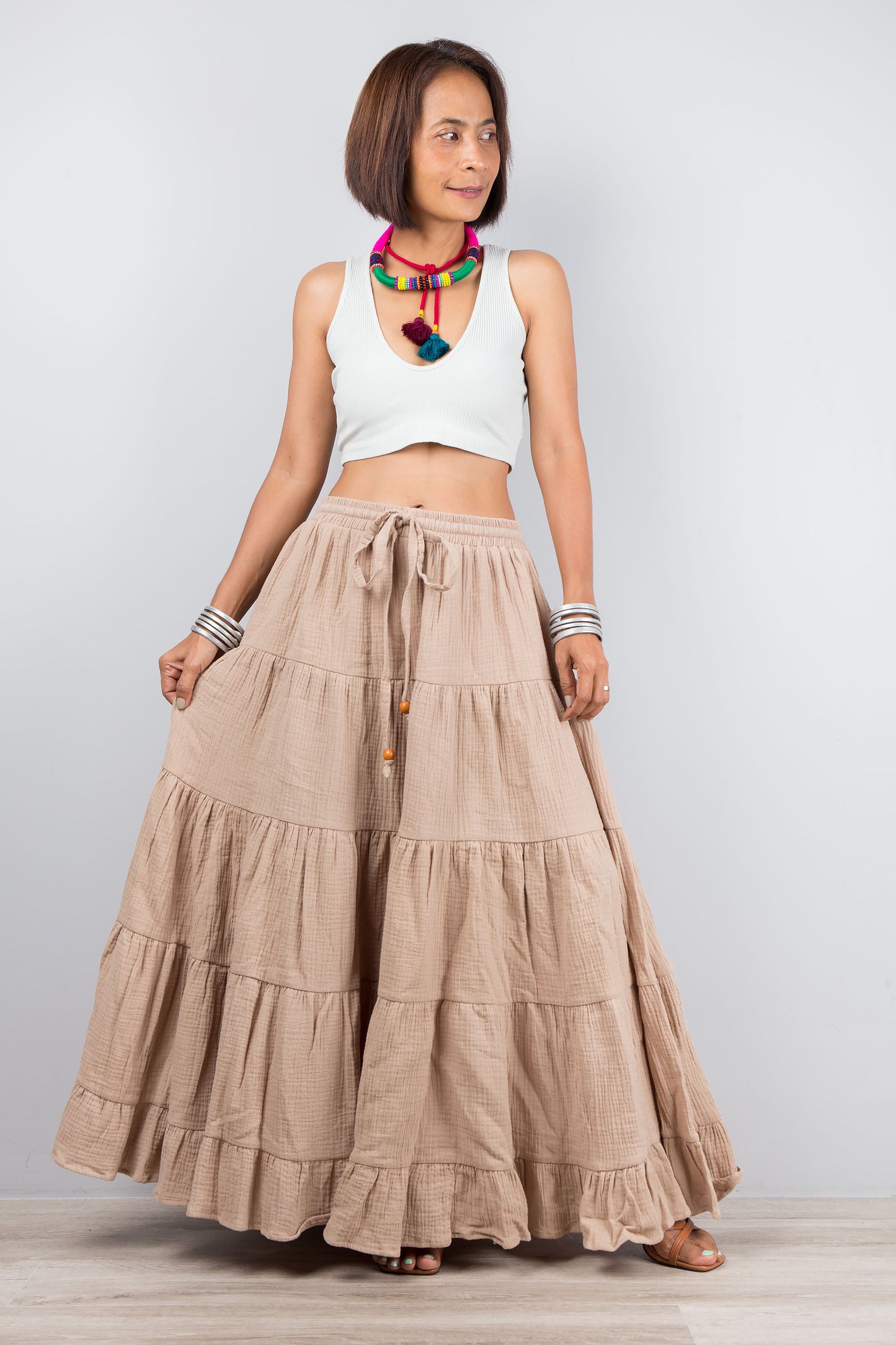Cotton maxi skirt for women. Long soft flowing skirt by Nuichan. Tiered skirt