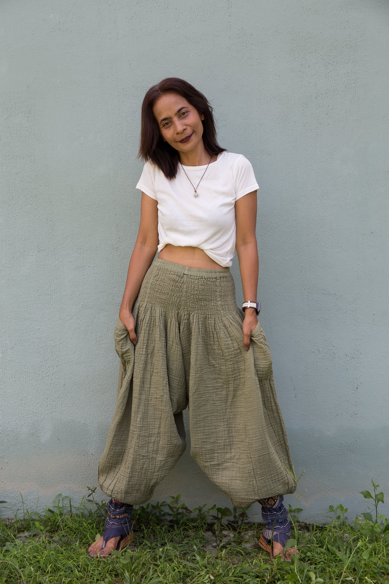 Cotton Gauze Harem Pants Women | Green Lightweight Summer Trousers