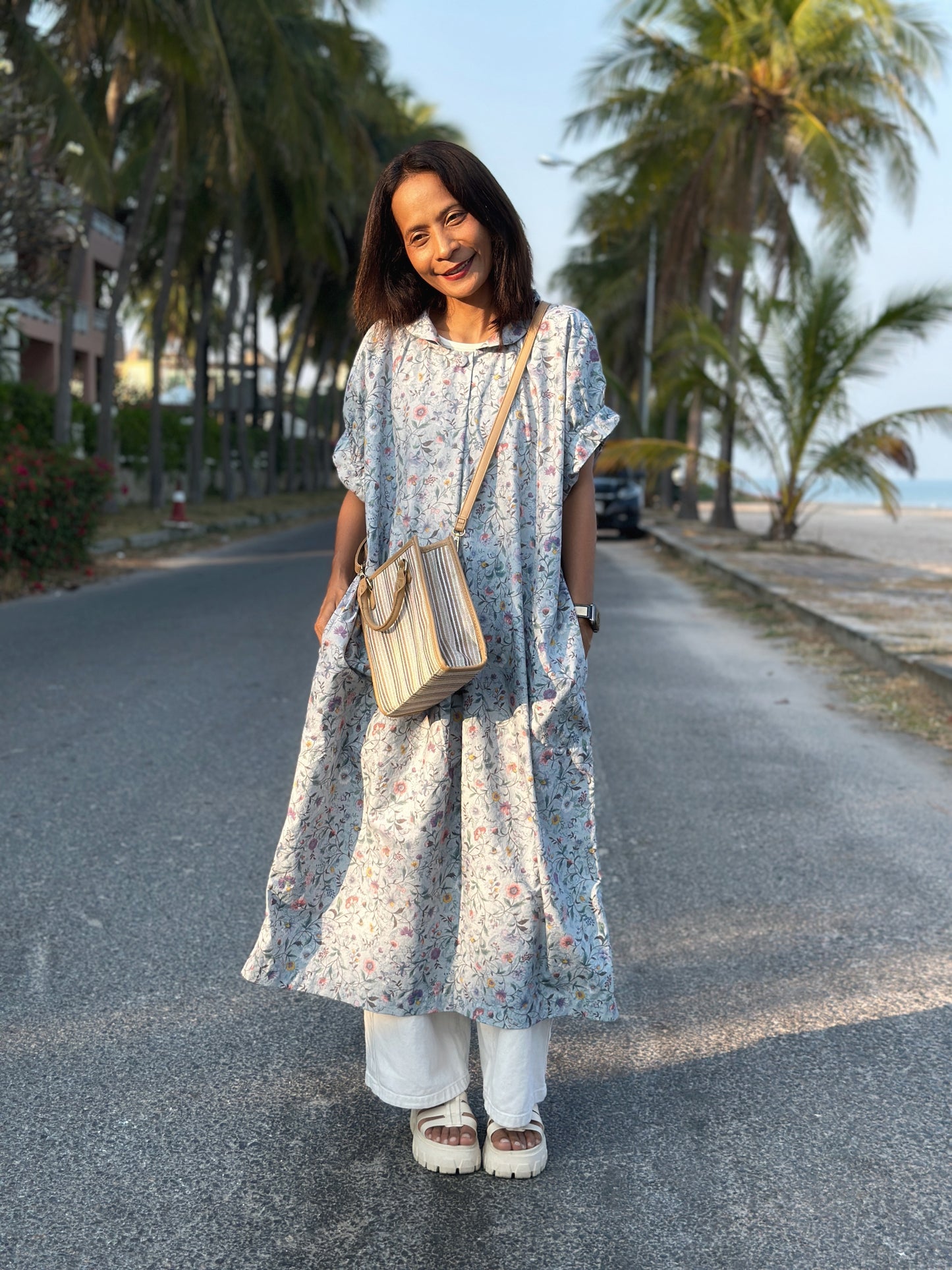 Midi summer dress in japanese cotton with floral print