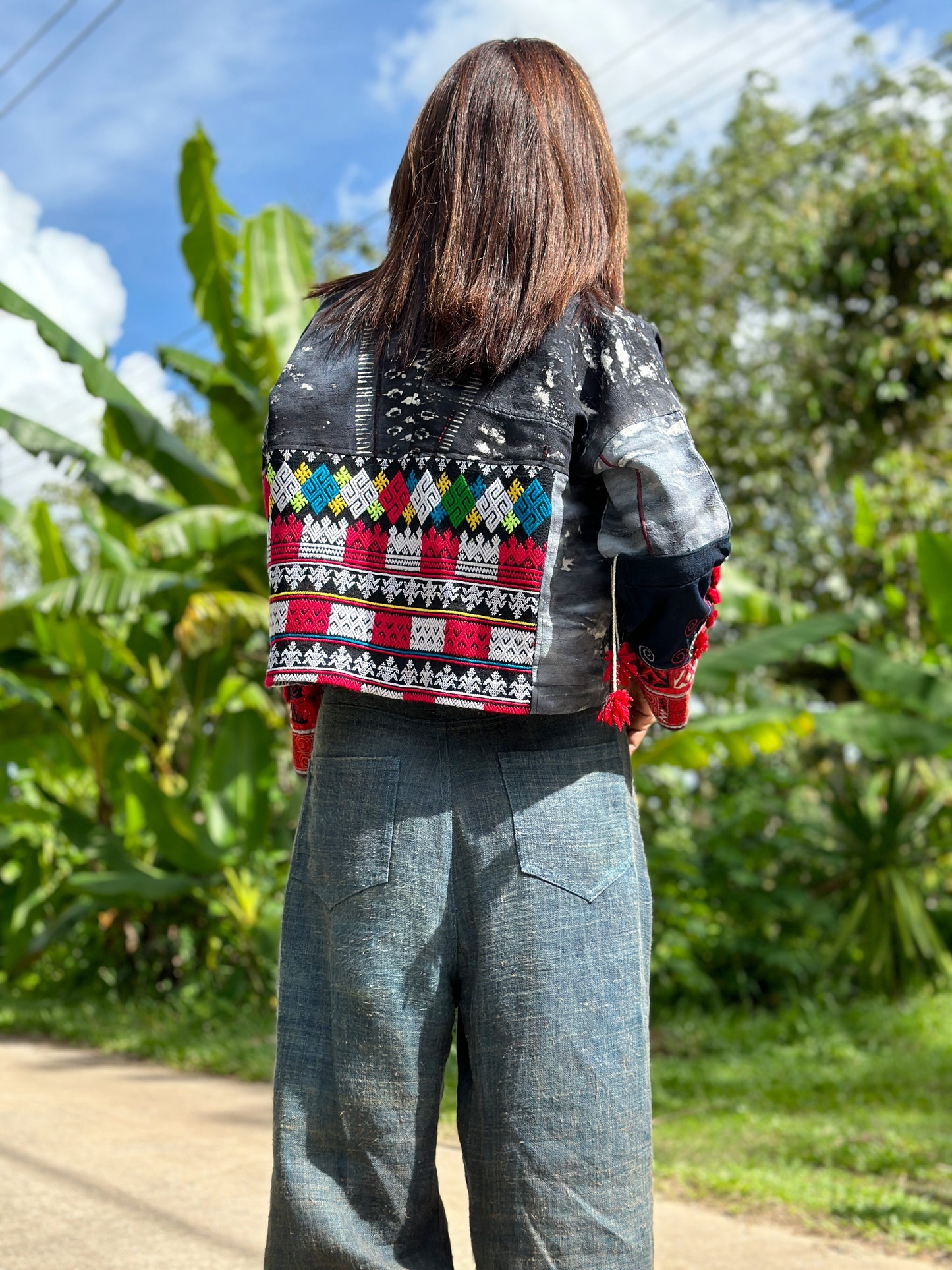 Open front hemp jacket top made by Nuichan from unique vintage hill tribe fabrics.