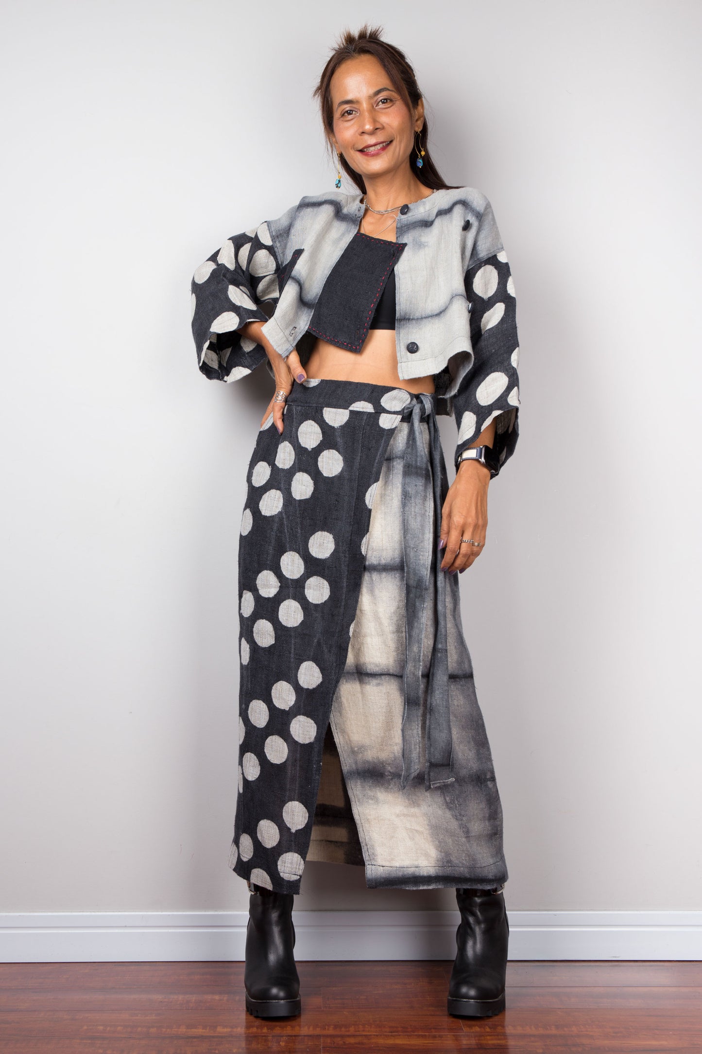 Hemp skirt with matching crop jacket. Polka dot matching outfit
