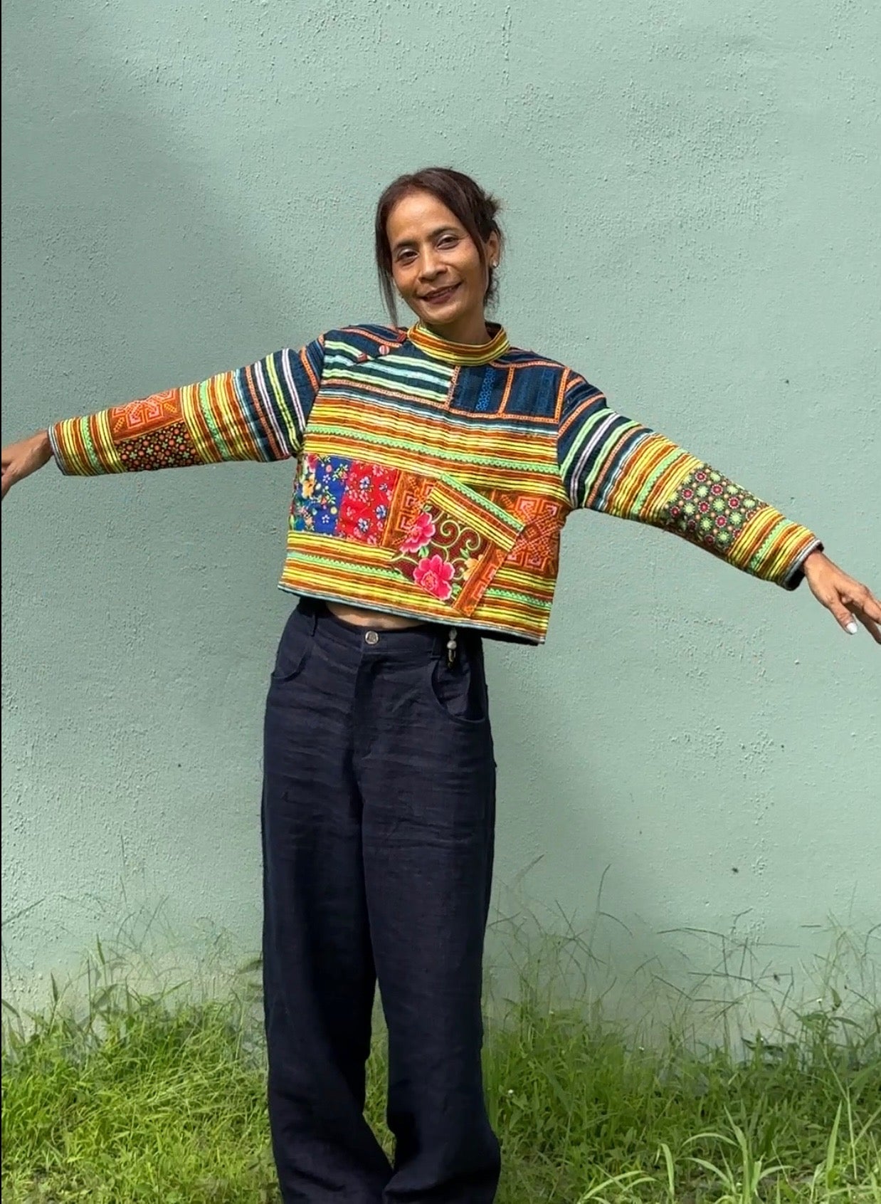 Hmong Pullover Crop Top by Nuichan. Yellow loose fit crop top with long sleeves and button closure