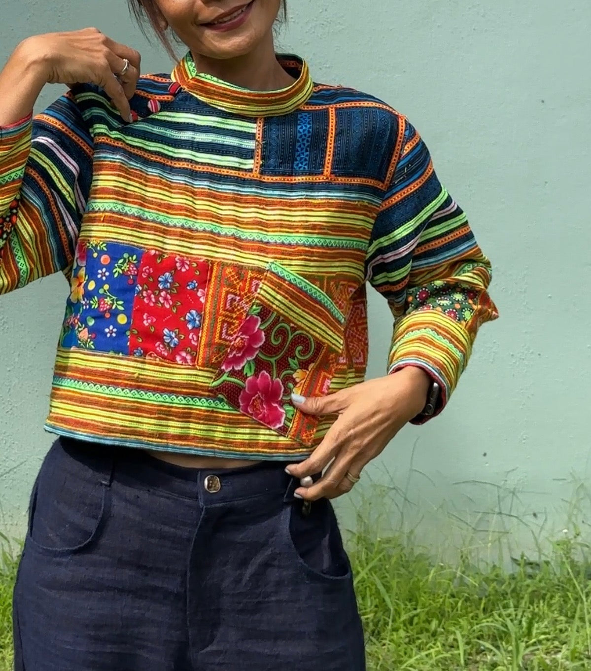 Pullover Crop Top by Nuichan. Yellow loose fit top with long sleeves made from Hmong fabric