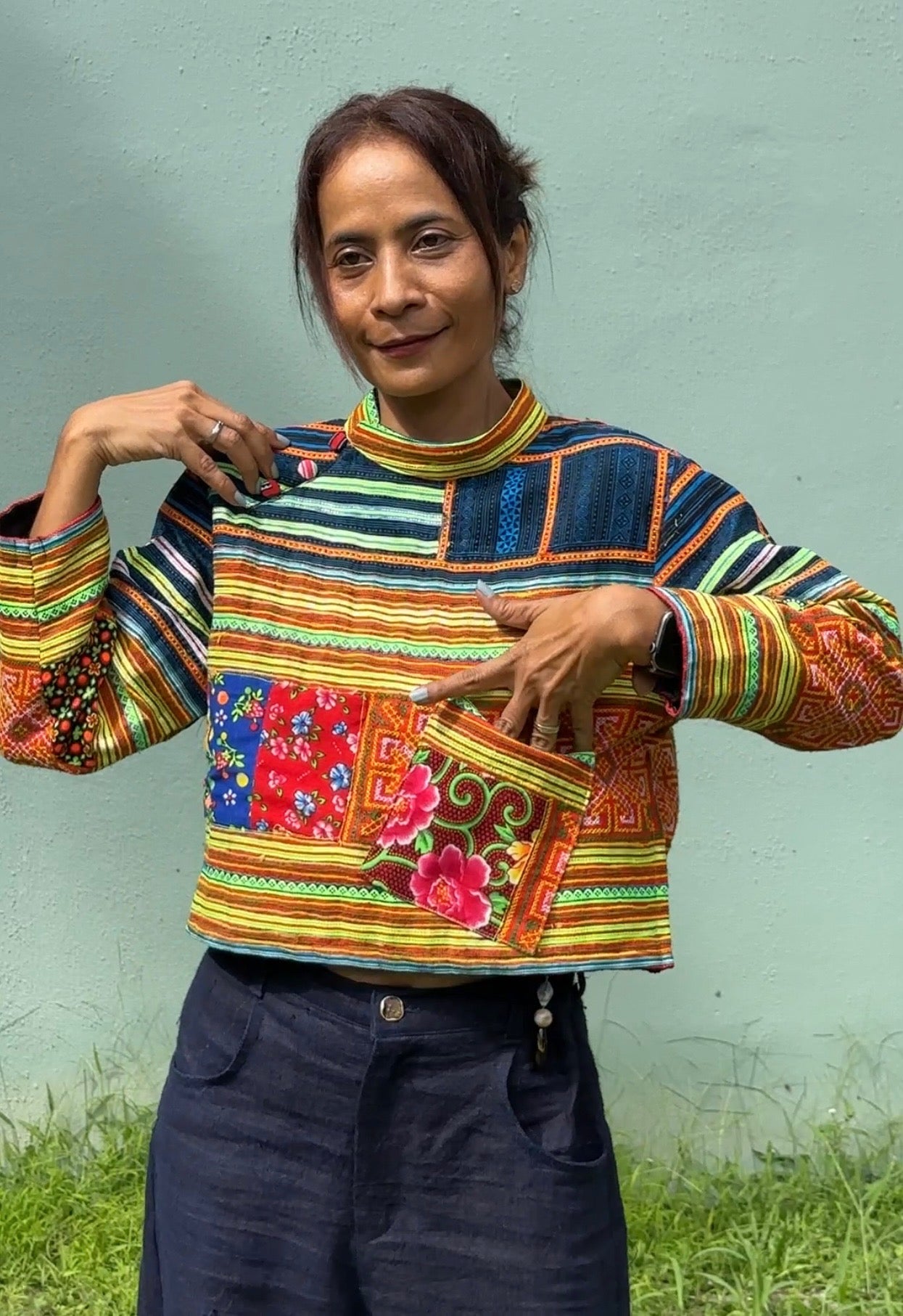 Hmong Pullover Crop Top by Nuichan. Yellow loose fit crop top with long sleeves and front pocket