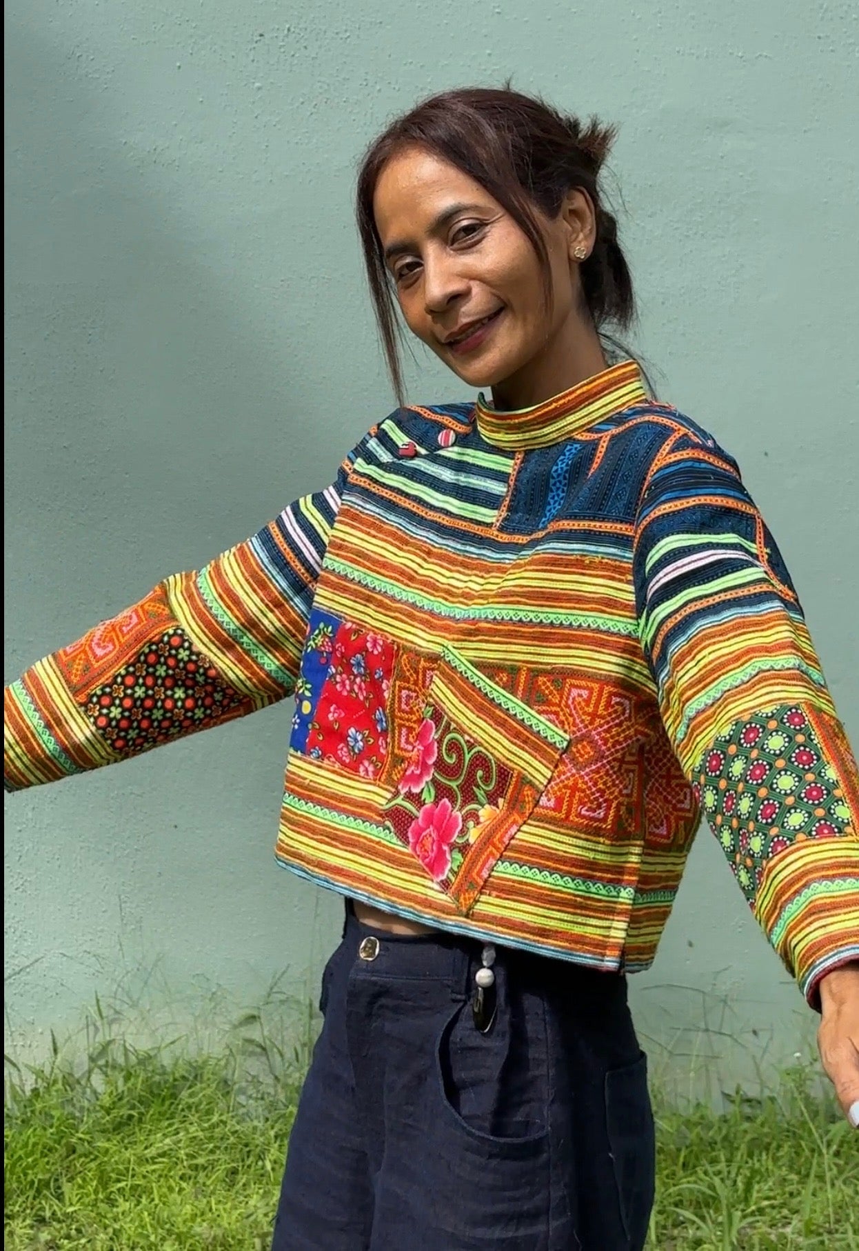 Hmong Pullover Crop Top by Nuichan. Yellow loose fit crop top with long sleeves