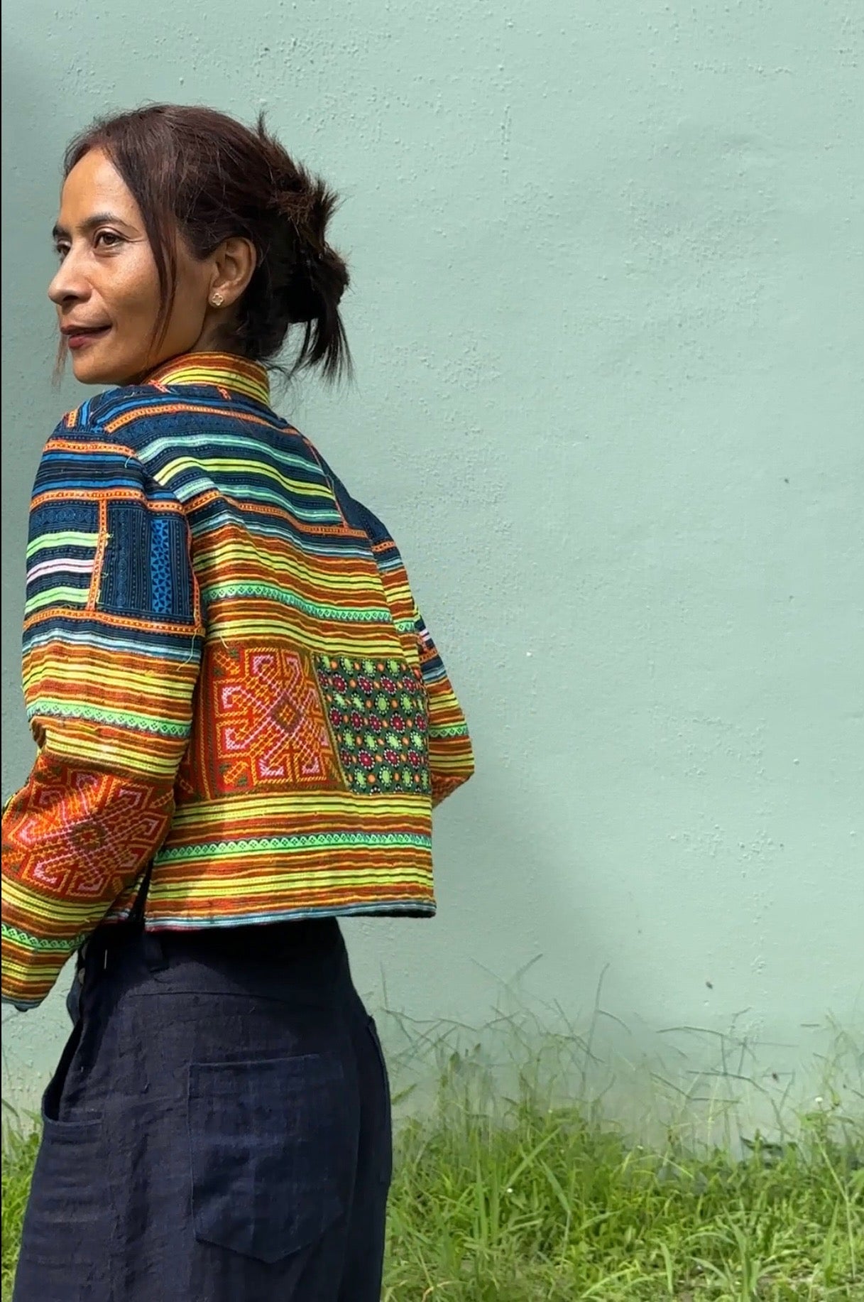 Loose Fit Pullover Crop Top by Nuichan. Yellow loose fit top with long sleeves made from Hmong fabric