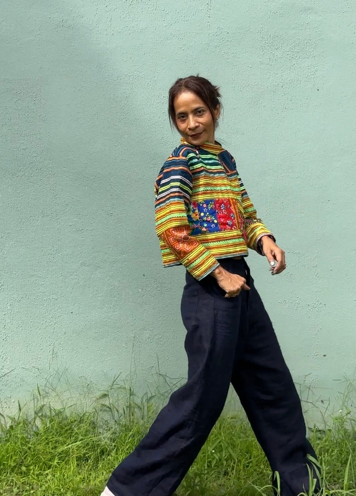 Yellow Pullover Crop Top by Nuichan. loose fit top with long sleeves made from Hmong fabric