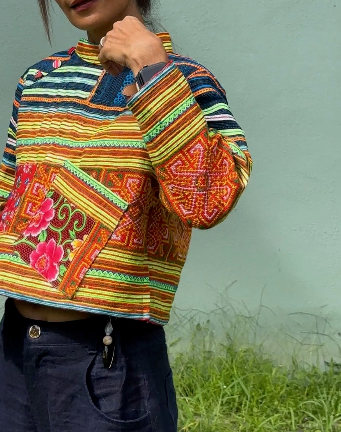 Loose Fit Pullover Crop Top by Nuichan. Yellow oversized top with long sleeves made from Hmong fabric