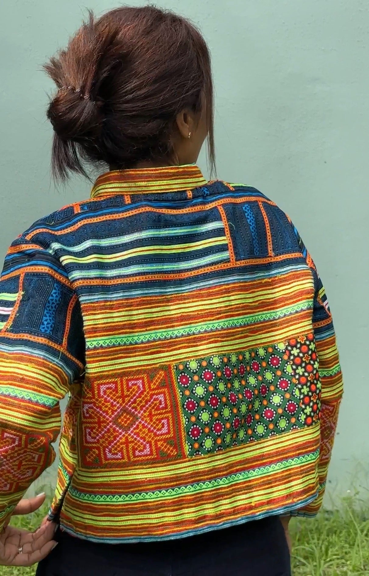 Pullover Crop Top by Nuichan. Yellow loose fit top with long sleeves made from Hmong fabric