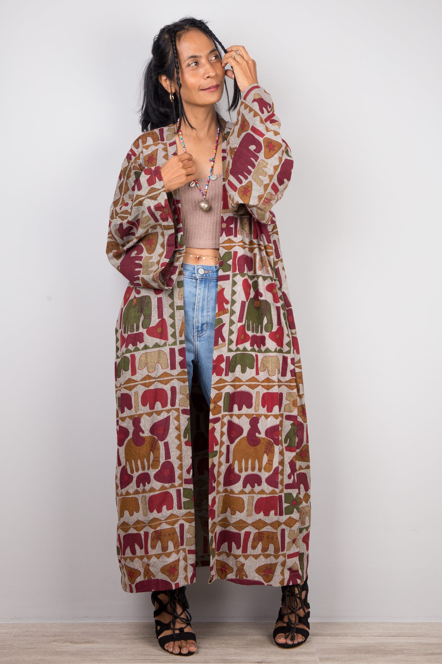 Indian cotton cardigan. Kimono duster vest with wide sleeves and pockets