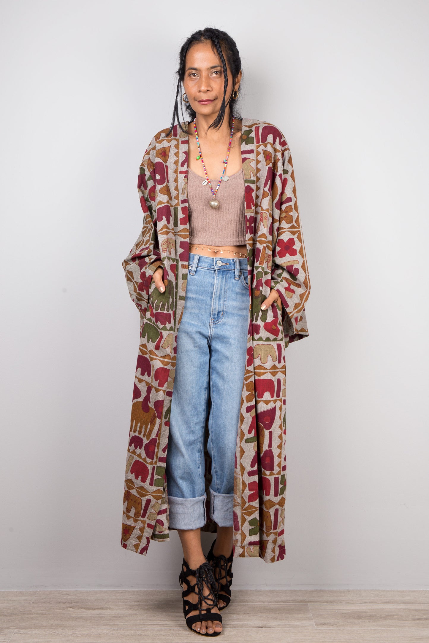Open front duster vest with wide sleeves and pockets. Indian cotton kimono cardigan