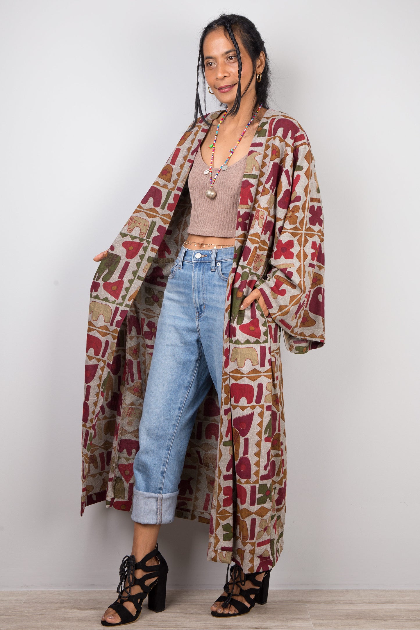 Open front cotton cardigan with pockets and wide sleeves