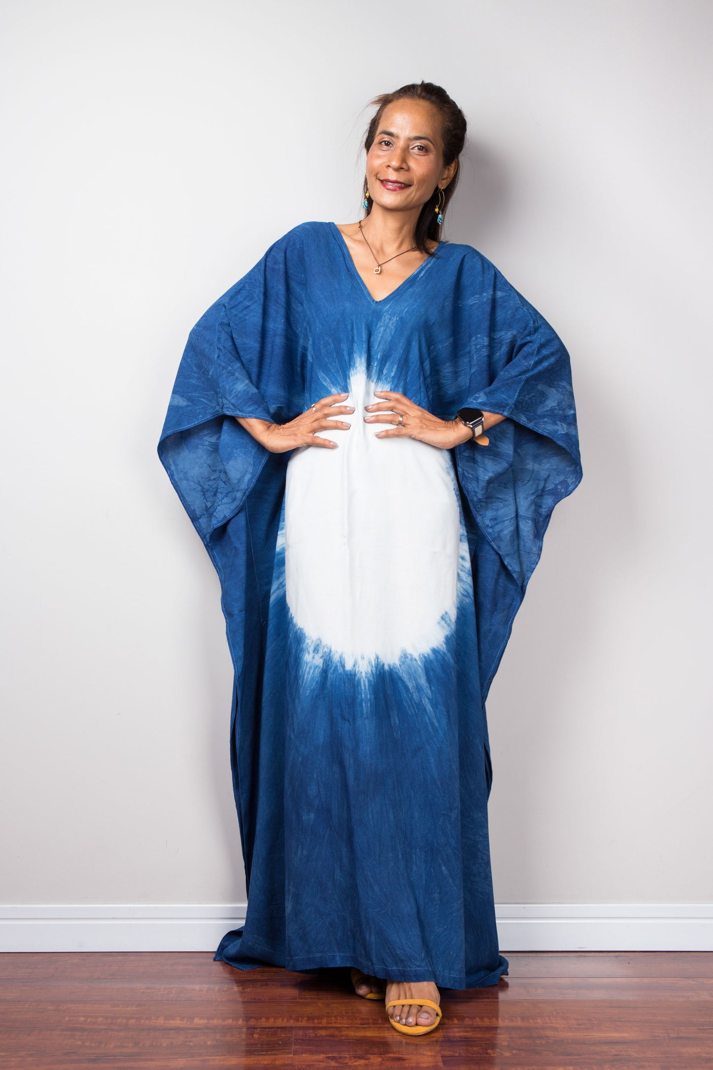 Large indigo blue kaftan dress for women. Loose fit dress with v neck
