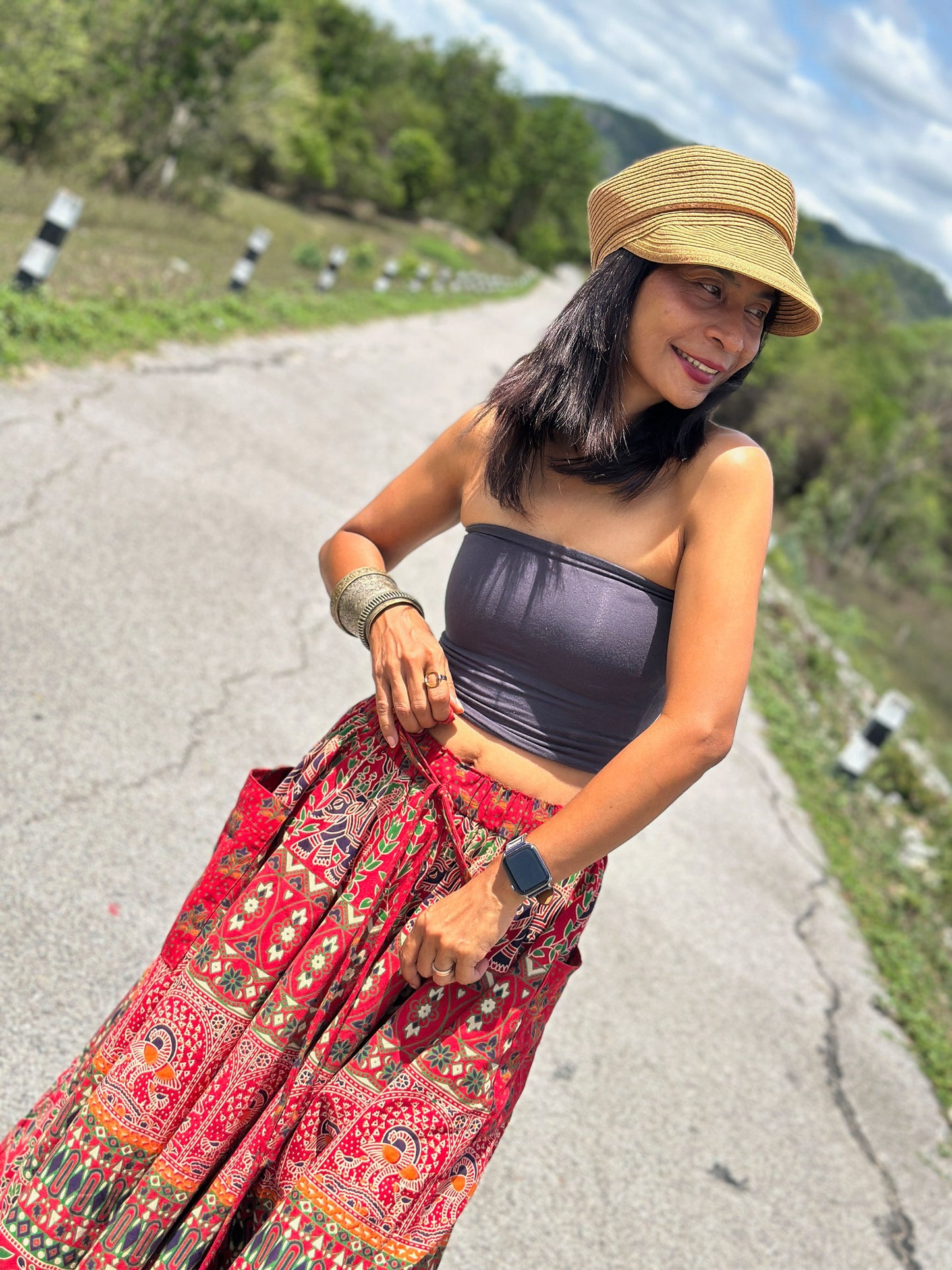 Women’s mandala cotton maxi skirt, elastic waist, floral design, great for casual or outdoor wear in 2025 fashion.