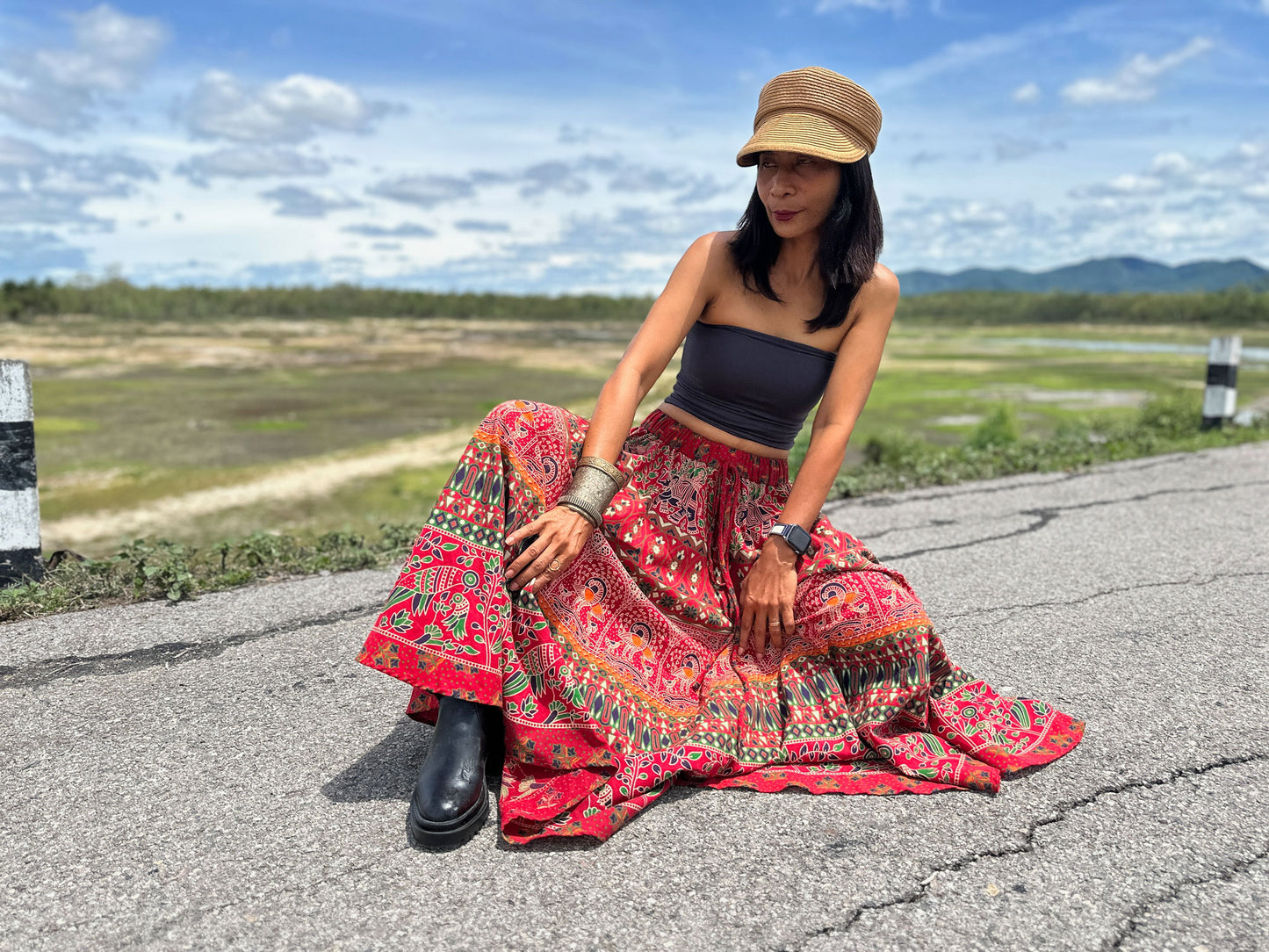 Vibrant mandala Indian cotton skirt, red and orange patterns, maxi length, ideal women’s boho summer dress, 38" length. Long red skirt by Nuichan