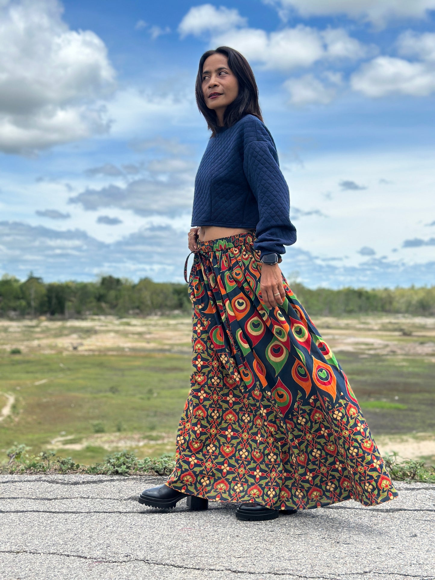 Mandala cotton maxi skirt for women, elastic waist, floral design, great for casual or outdoor wear in 2025 fashion.