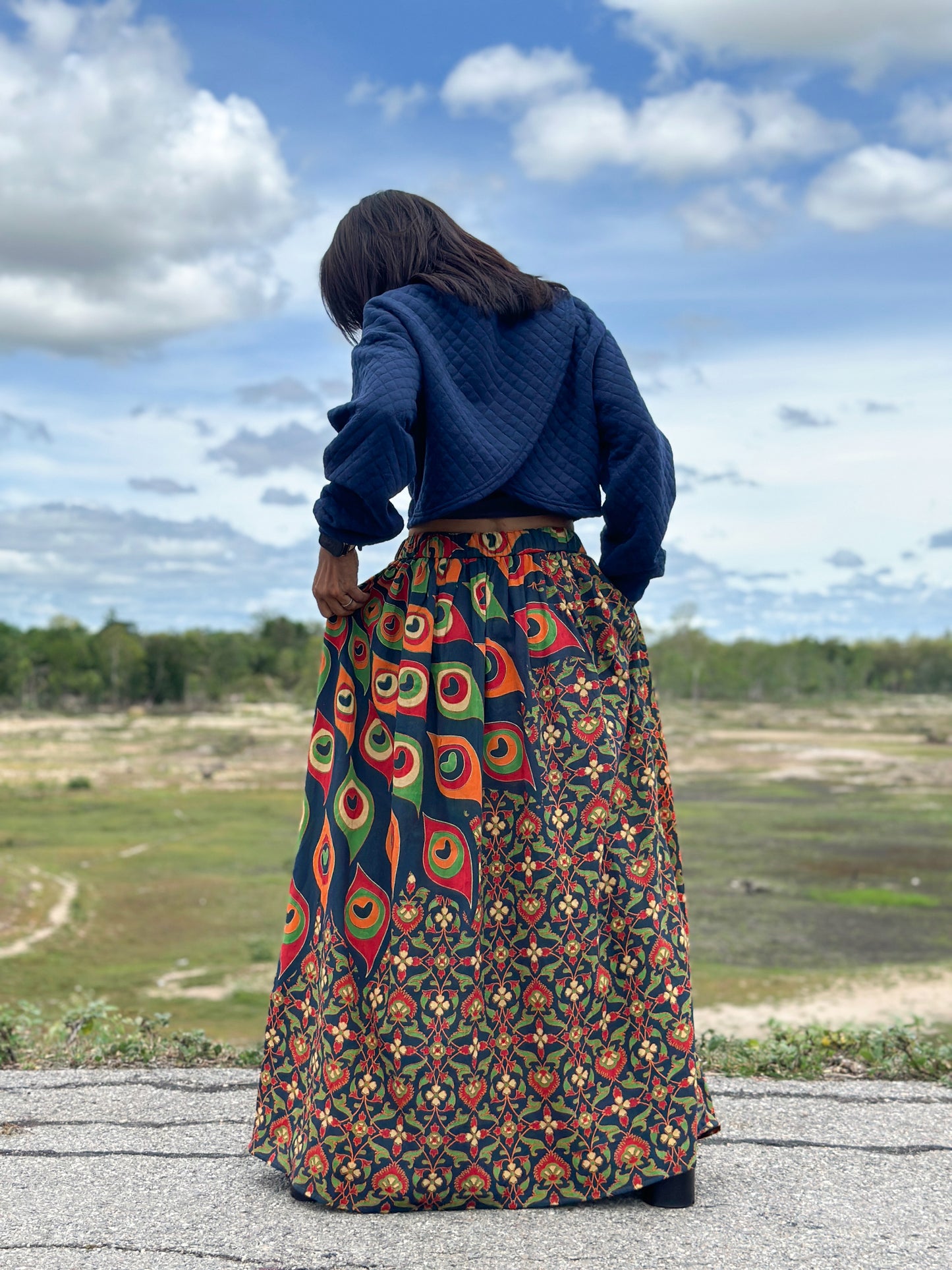 Indian cotton mandala maxi skirt in red and blue, deep pockets, perfect for boho-chic summer outfits.