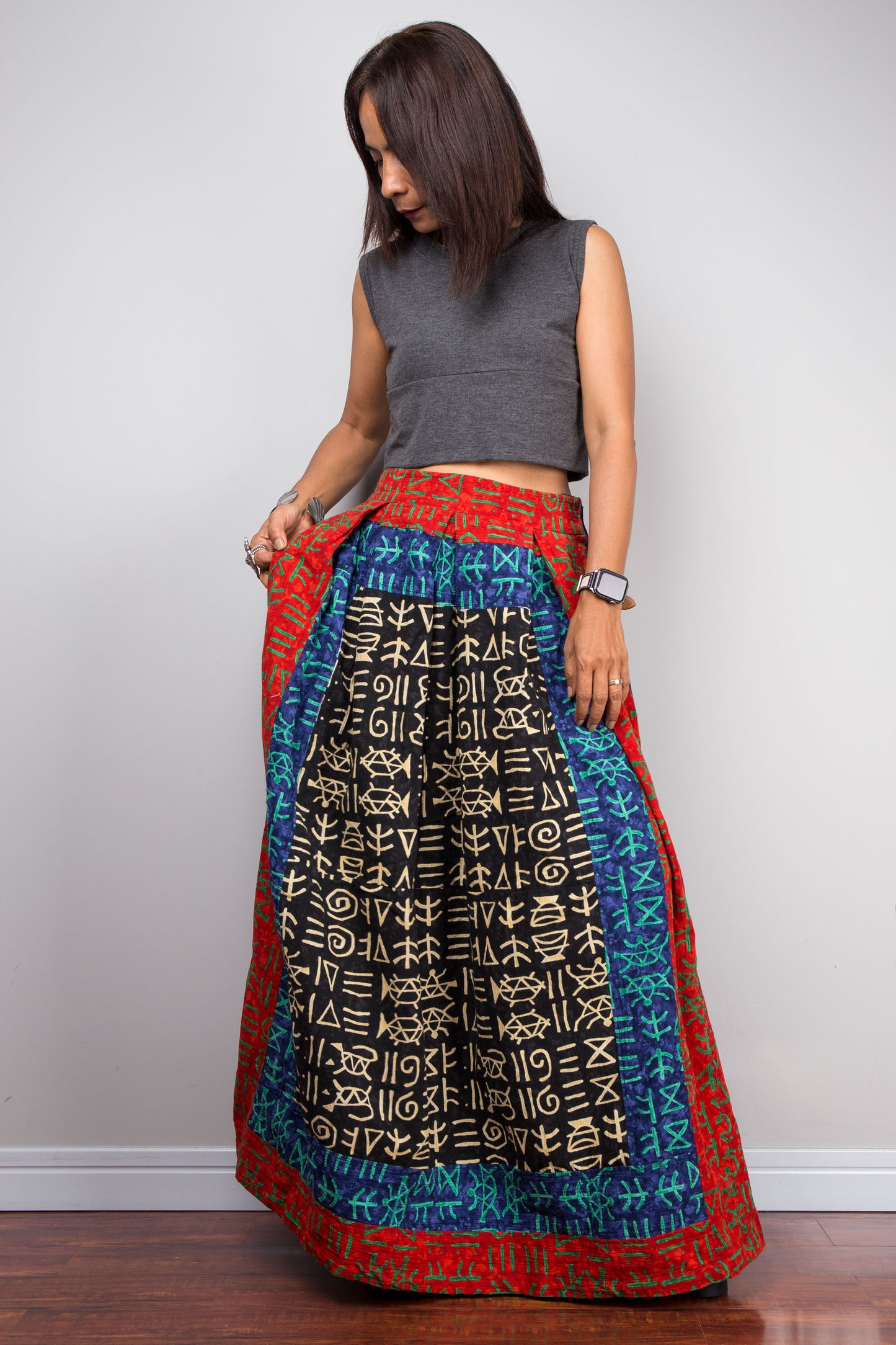 Eclectic Navy and Red Patchwork Skirt with Hill Tribe Fabric - Long Cotton Boho Skirt Featuring Side Pocket and Elastic Back for All-Day Comfort