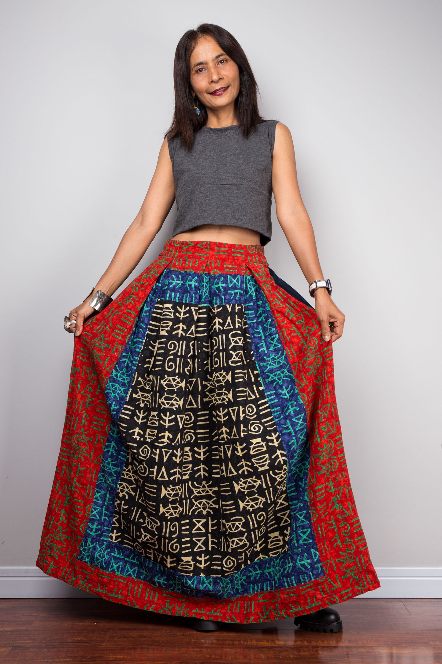 Cultural Patchwork Skirt in Navy and Red with Hill Tribe Designs - Long Cotton Boho Skirt with Side Pocket, Left Zip, and Elastic Back for Comfort.