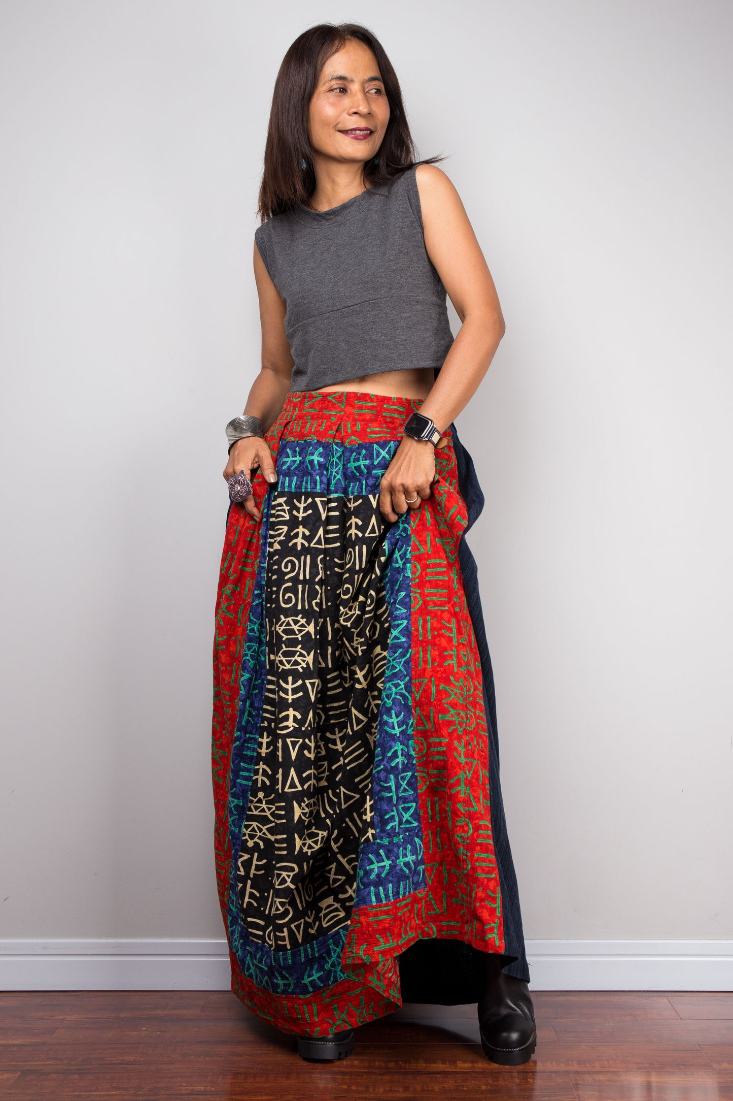 Bohemian Style Patchwork Skirt with Vintage Hill Tribe Fabric - Navy and Red Cotton Skirt with Geometric Symbols, Side Pocket, and Elastic Waist