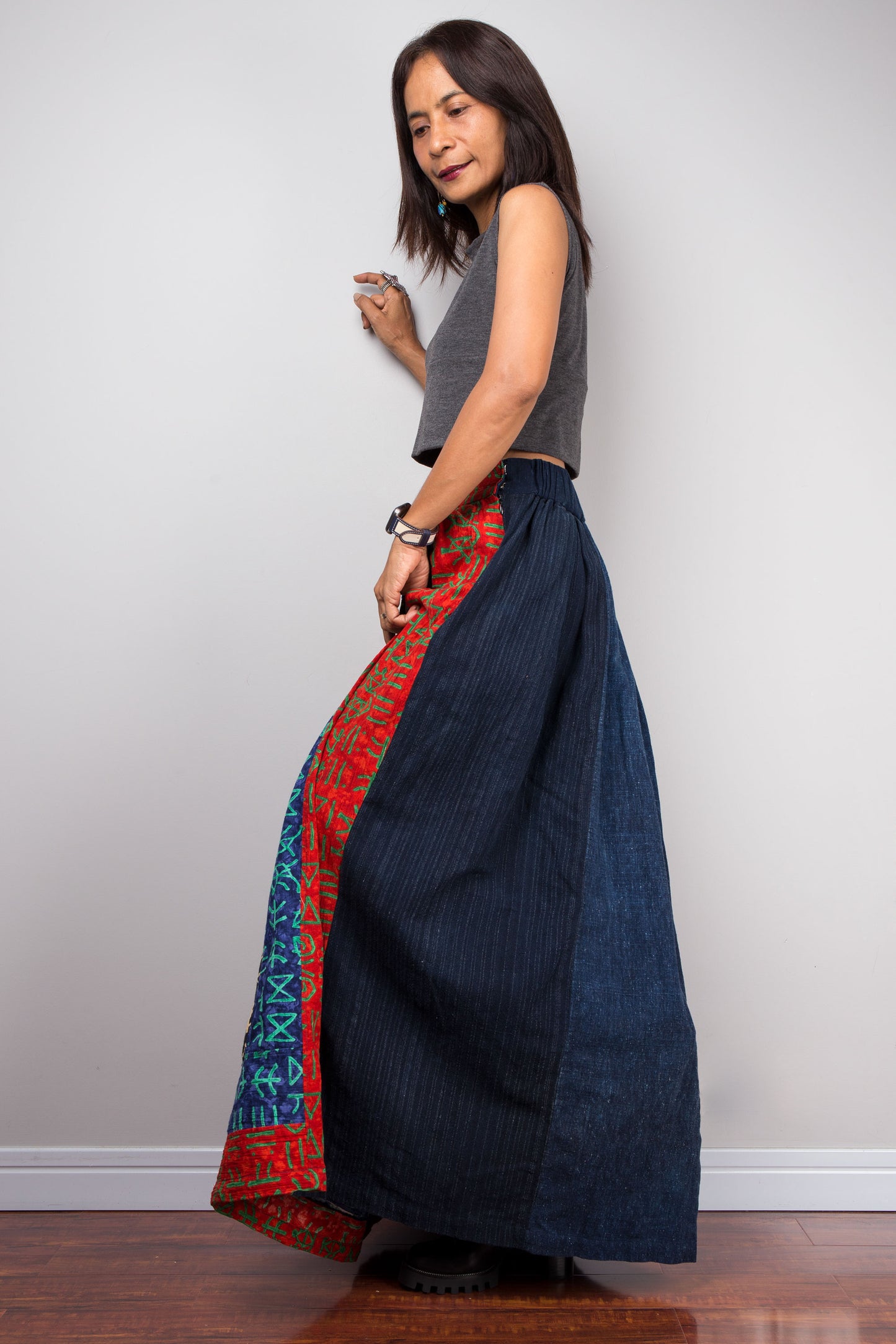Handcrafted Patchwork Skirt with Navy Pinstripe and Hill Tribe Patterns in Red and Blue - Cotton Maxi Skirt with Side Pocket and Zip