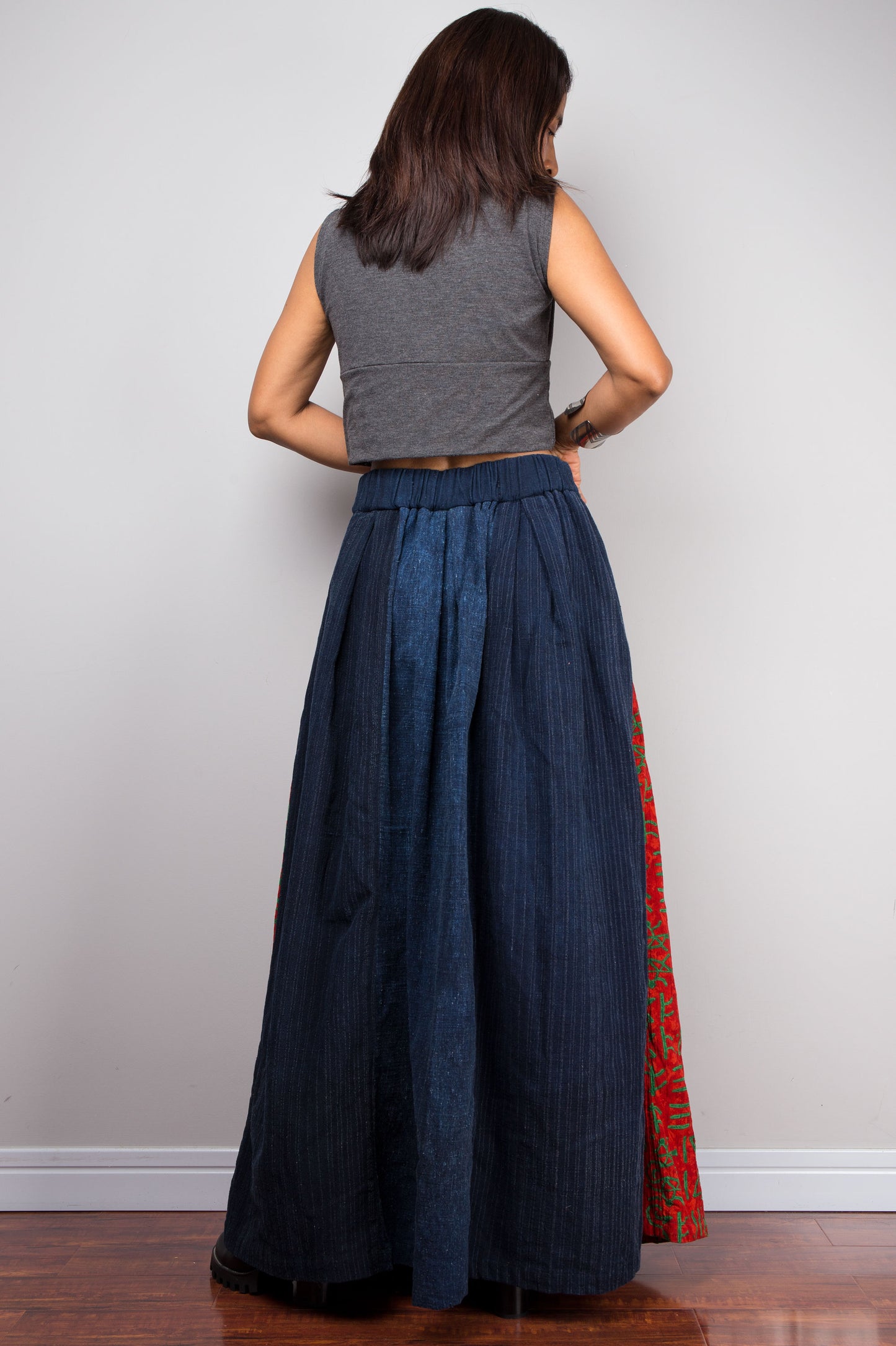 Unique Patchwork Skirt with Navy Pinstripe and Hill Tribe Red Patterns - Cotton Maxi Skirt with Side Pocket, Left Zip, and Elastic Back
