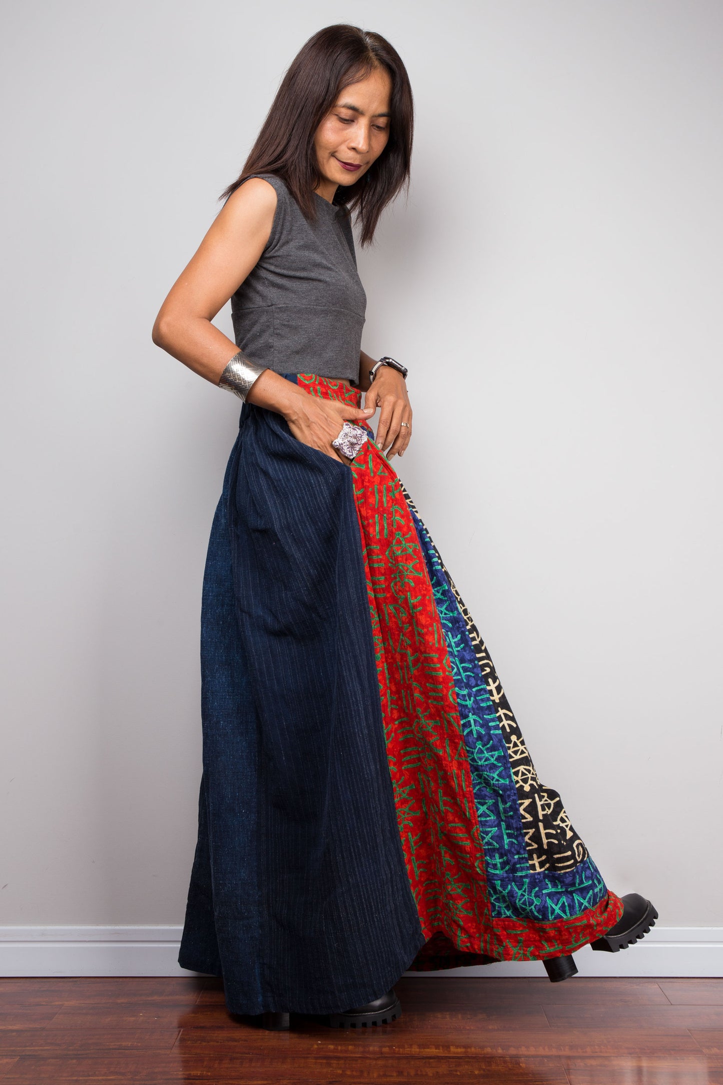 Vintage Hill Tribe Patchwork Skirt in Blue and Red - Cotton Bohemian Maxi Skirt with Geometric Designs, Zip Closure, and Comfortable Elastic Band