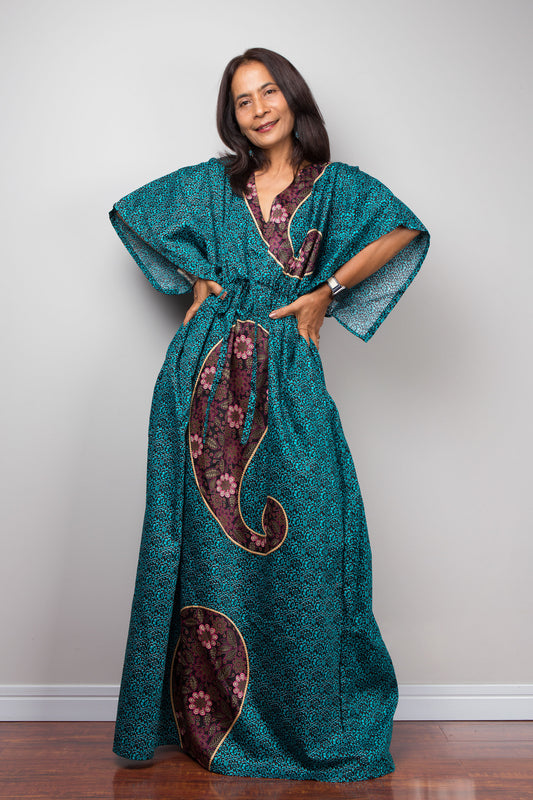 Nuichan Teal Cotton Caftan Dress, boho paisley print, maxi dress with pockets, summer 2025