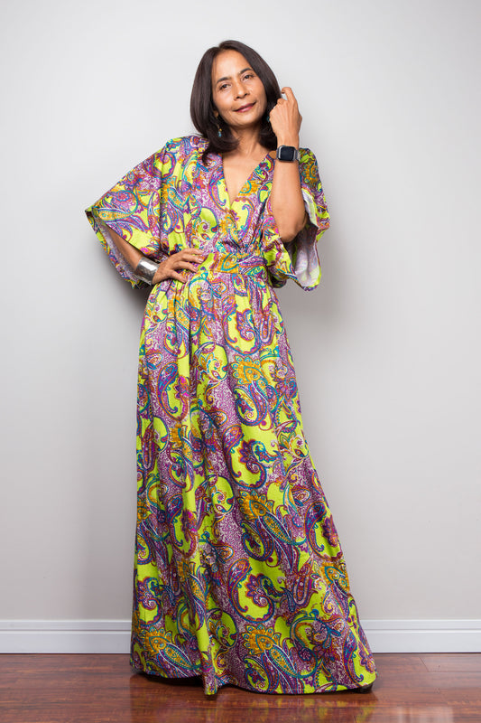 Nuichan Cotton Caftan Dress in vibrant green, magenta floral print, boho style for summer 2025