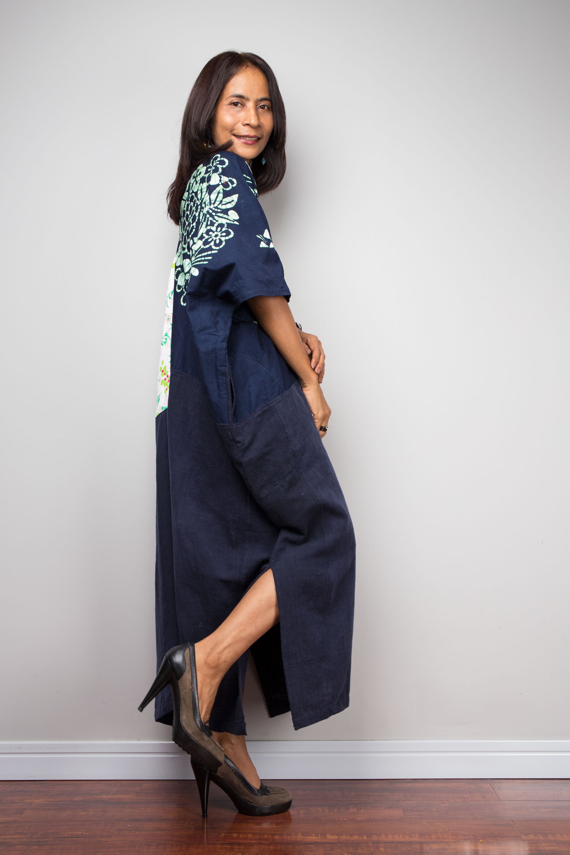 Woman wearing patchwork caftan made from vintage Japanese cotton