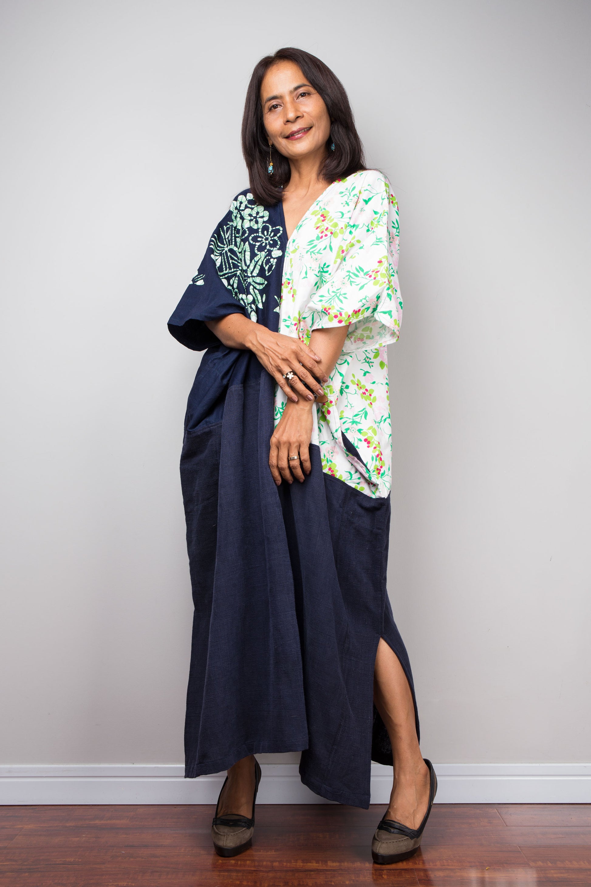 Woman wearing patchwork dress made from vintage Japanese cotton