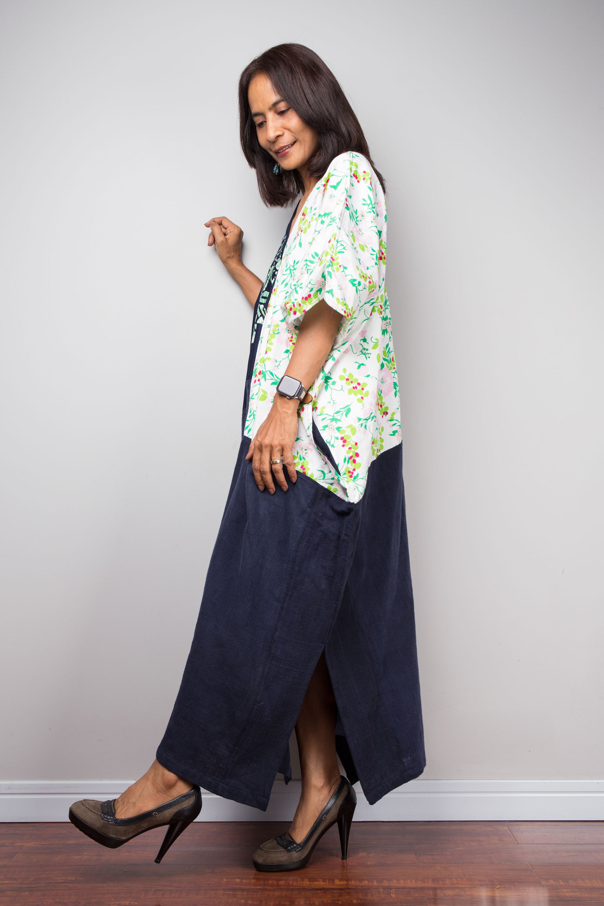 Ethical fashion kaftan with bold floral and indigo cotton blocks