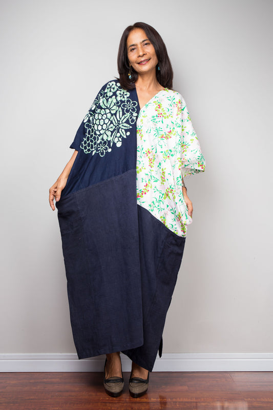 Woman wearing patchwork kaftan dress made from vintage Japanese cotton