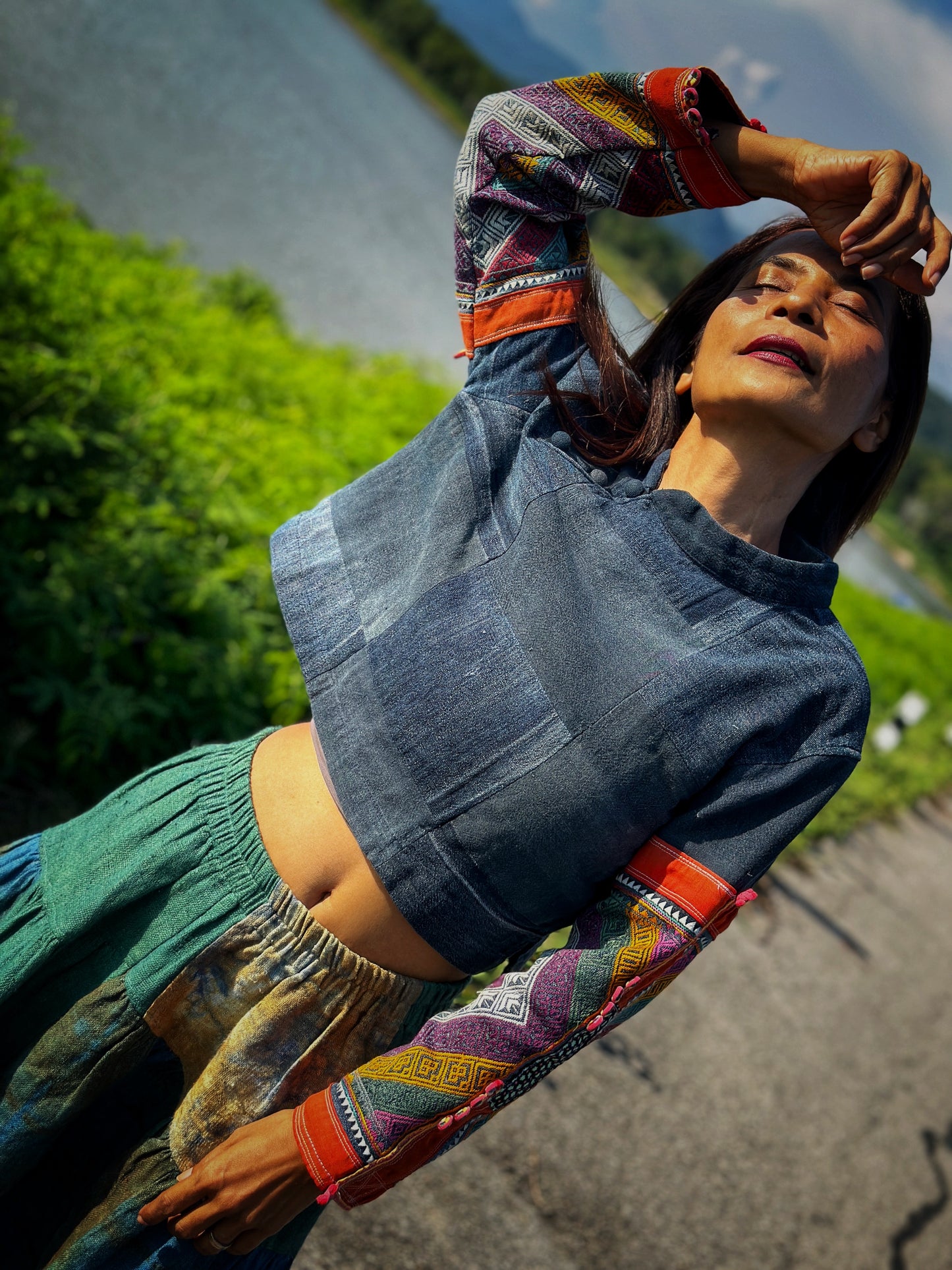 Patchwork tunic top with long sleeves. Hill tribe design by Nuichan