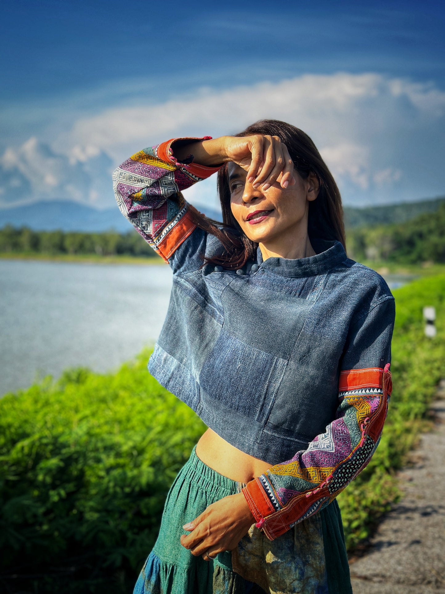 Hill tribe patchwork pullover crop top by Nuichan. Long sleeve patchwork top with embroidery on the sleeves