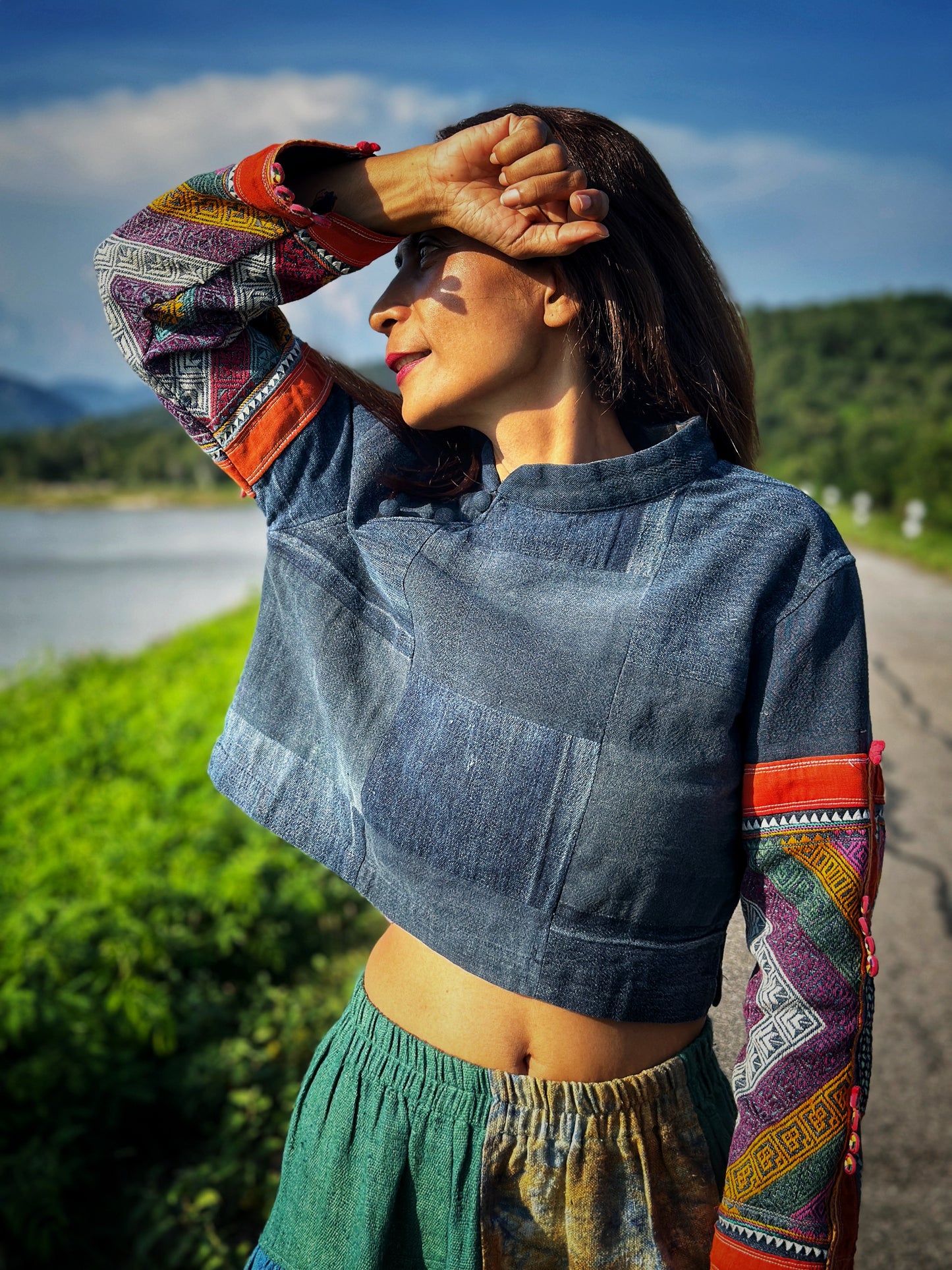 Patchwork hemp skirt made by Nuichan. Skirt made from upcycled vintage hill tribe fabric.