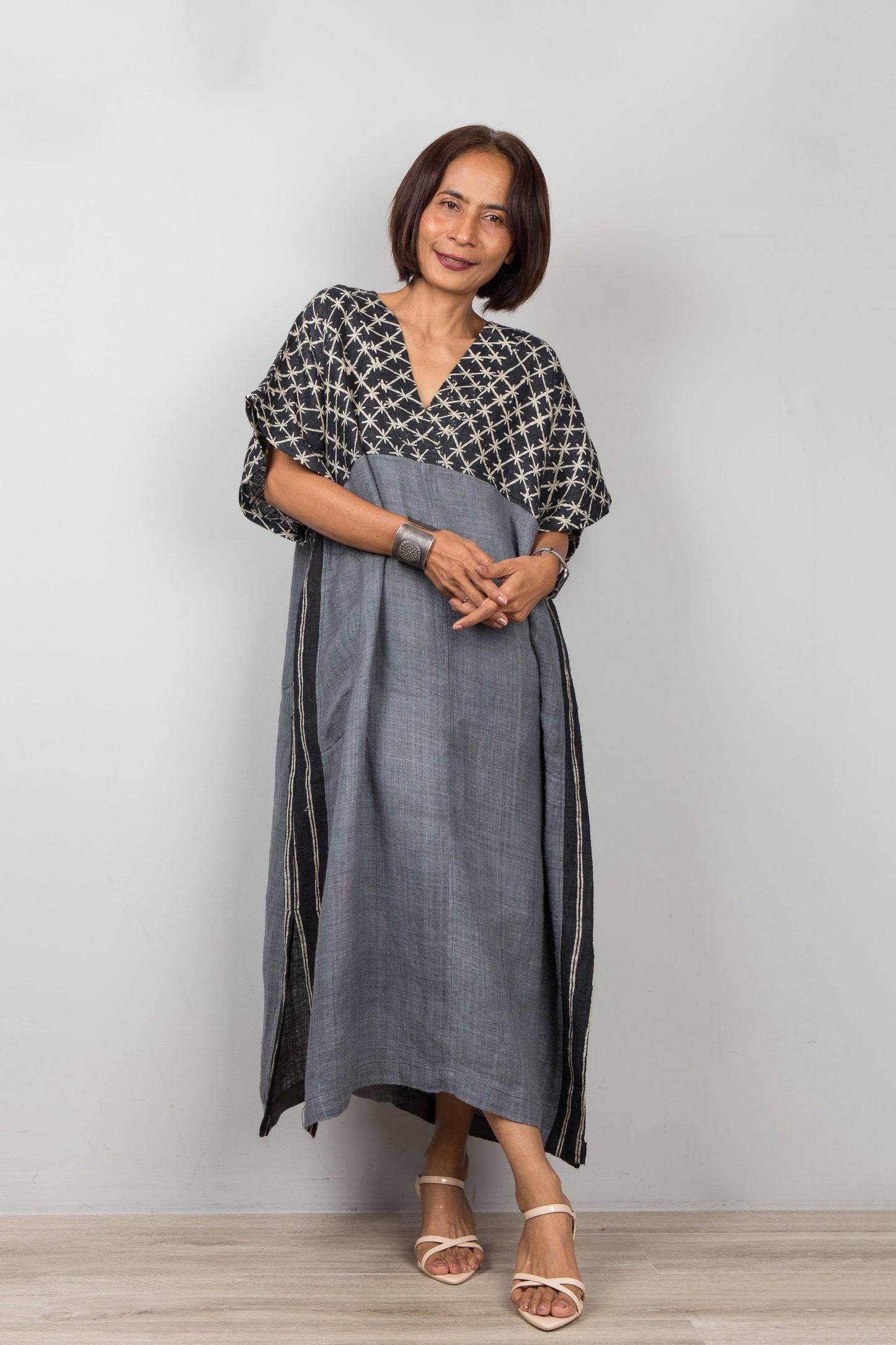 Black and grey hemp caftan dress, for petite, made from sustainable handwoven fabric