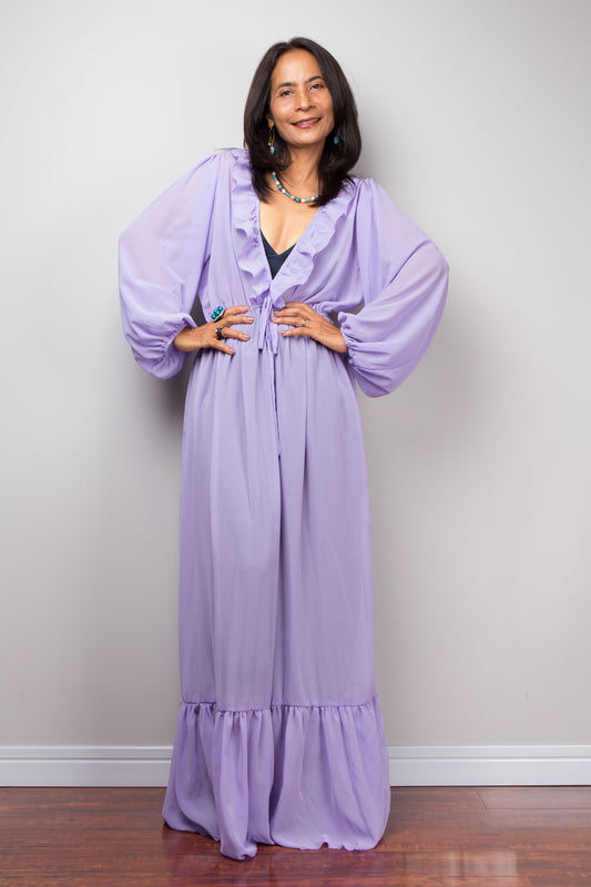 Nuichan Purple Chiffon Maxi Dress, sheer ruffle long dress, women’s boho style 2025