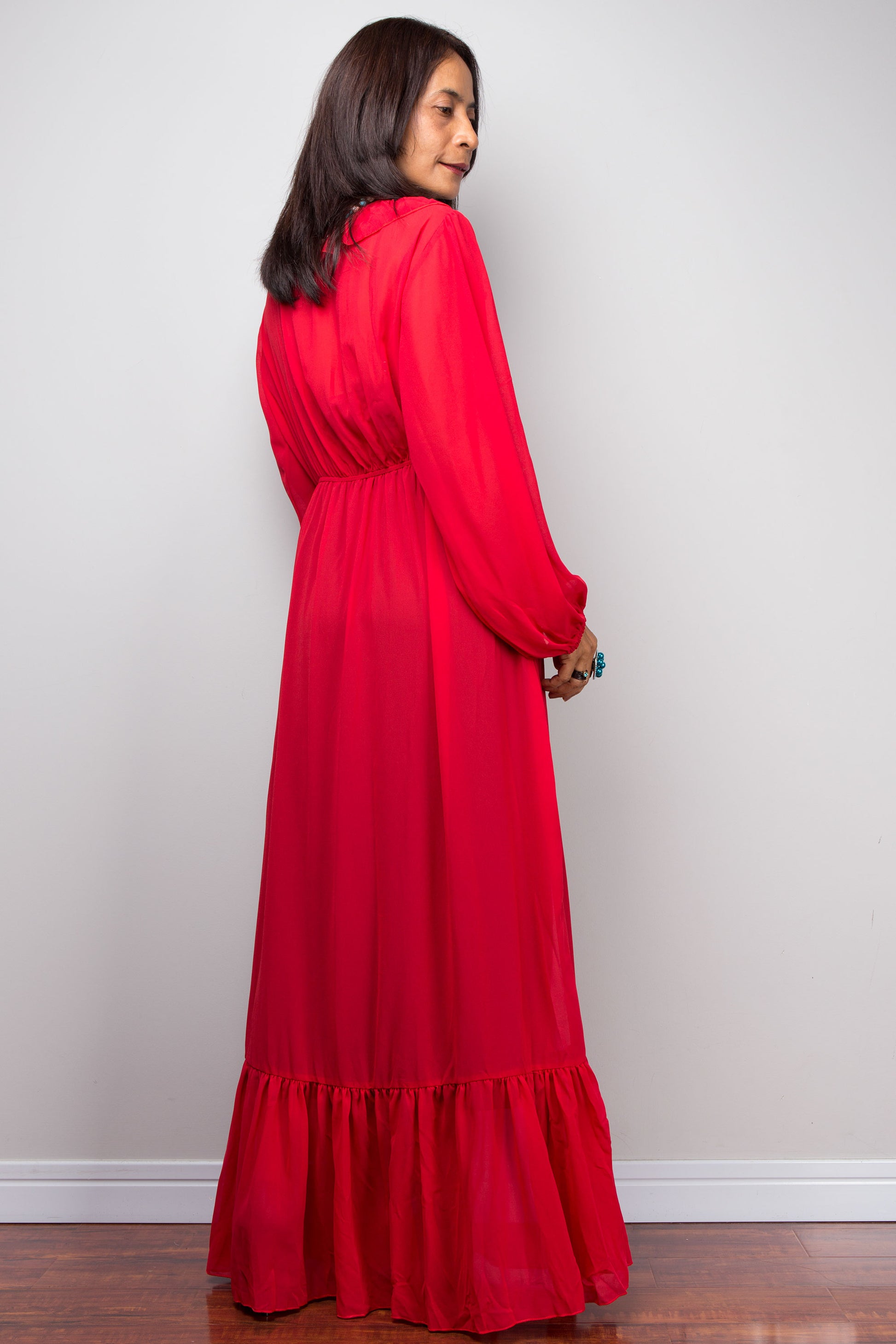 Nuichan Sheer Chiffon Maxi Dress, red ruffles, sustainable women’s fashion 2025.