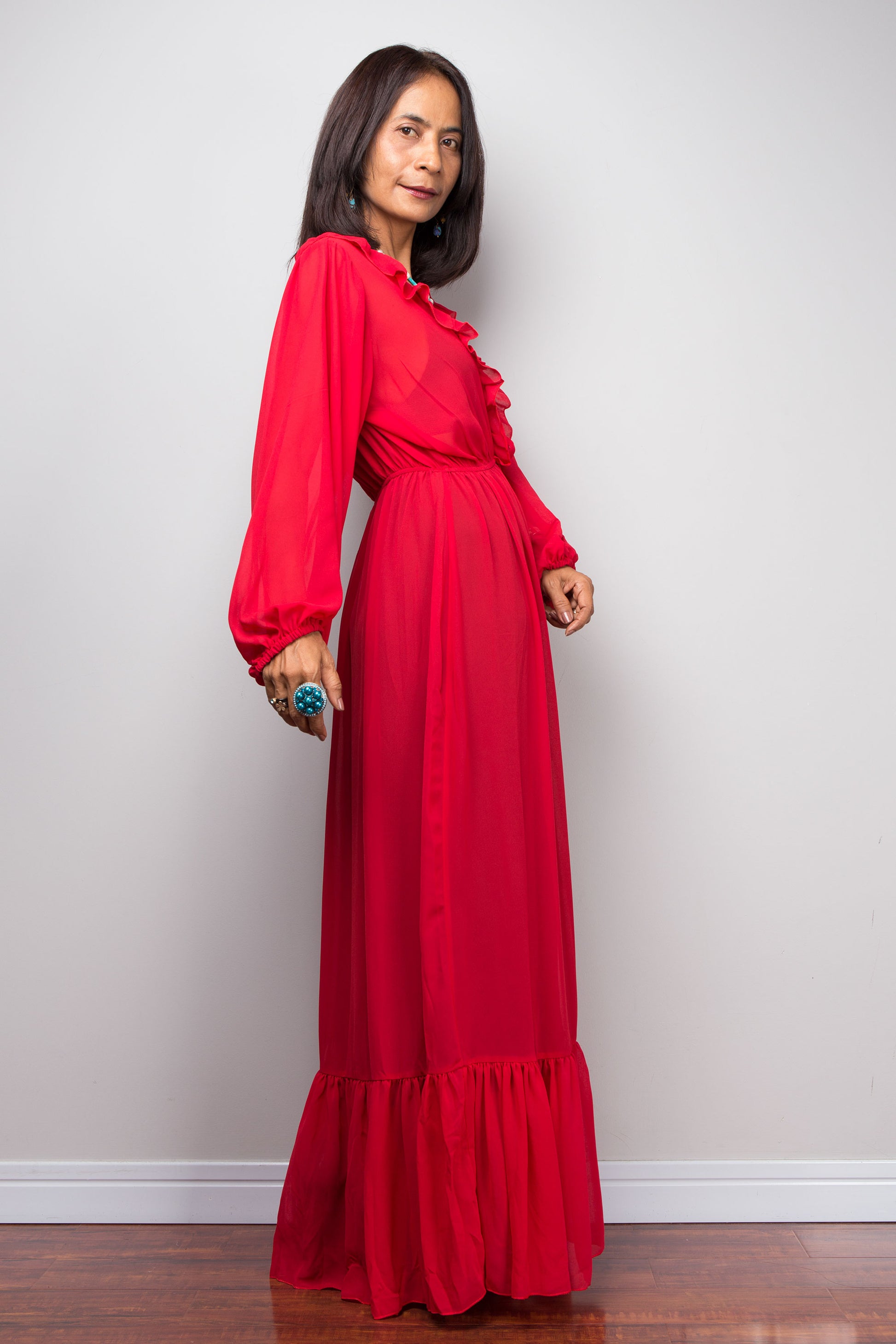 Nuichan Red Maxi Dress, sheer ruffle detail, June 2025 style.