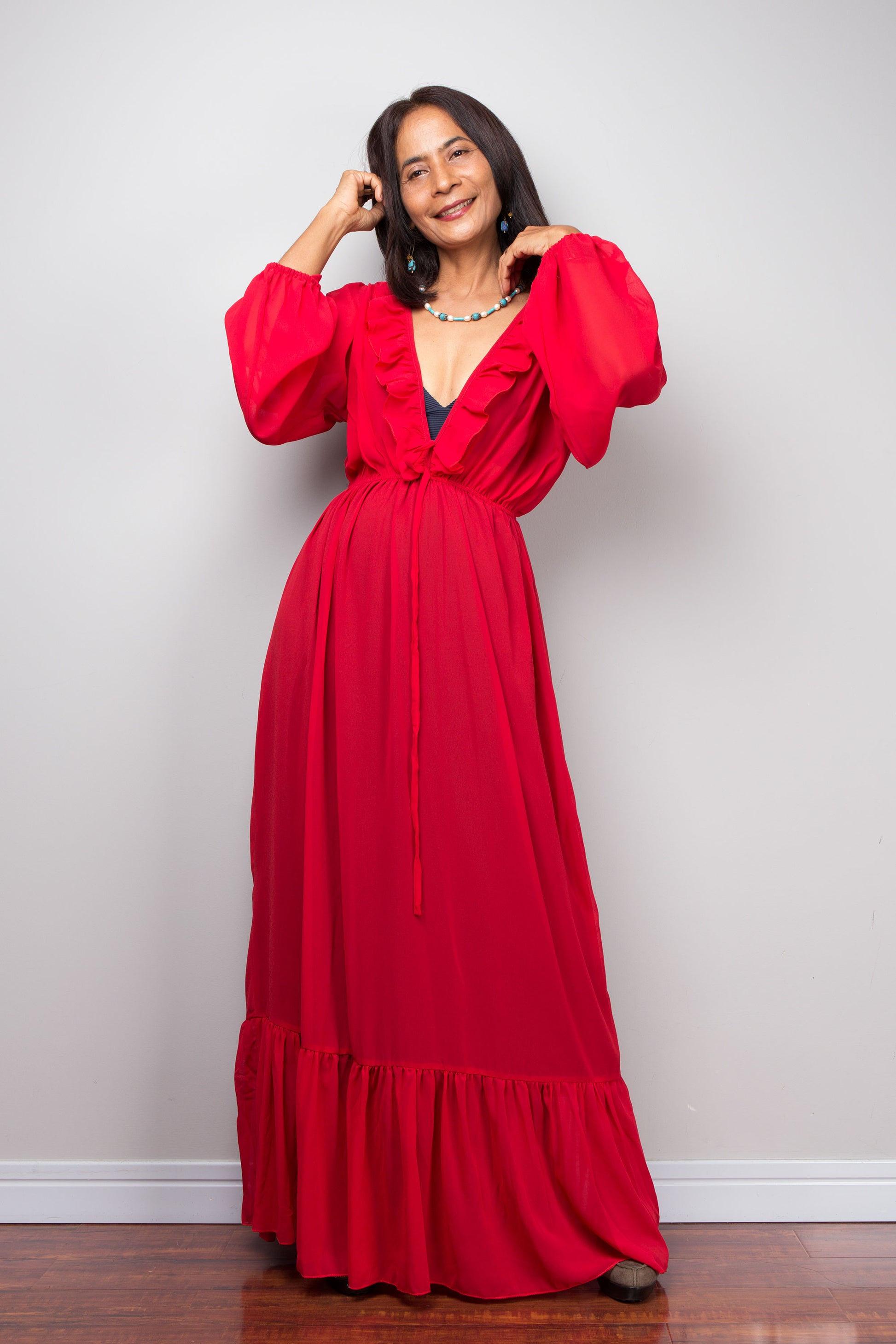Nuichan Red Chiffon Long Dress, boho ruffle design, women’s summer outfit 2025