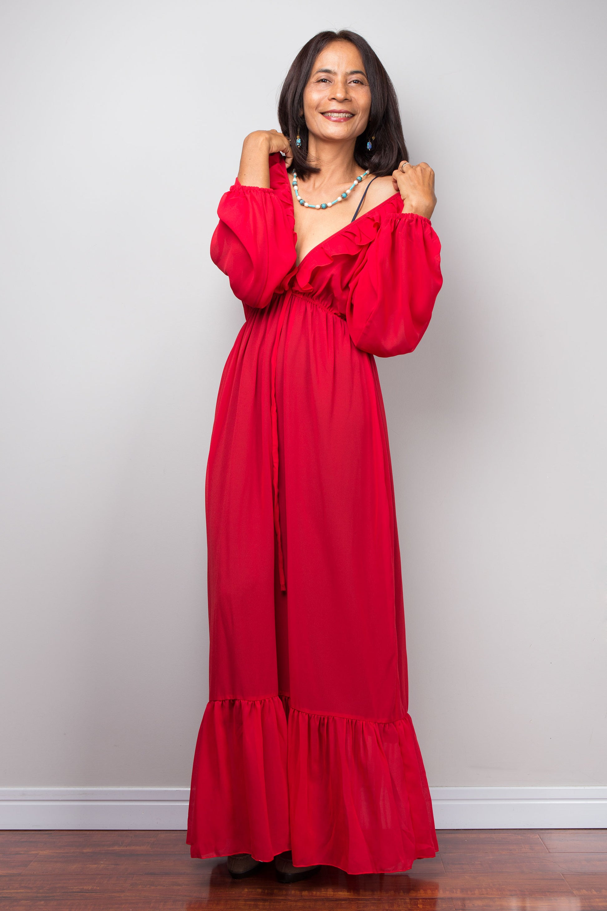 Nuichan Red Sheer Maxi Dress, ruffle hem, boho summer style June 2025.