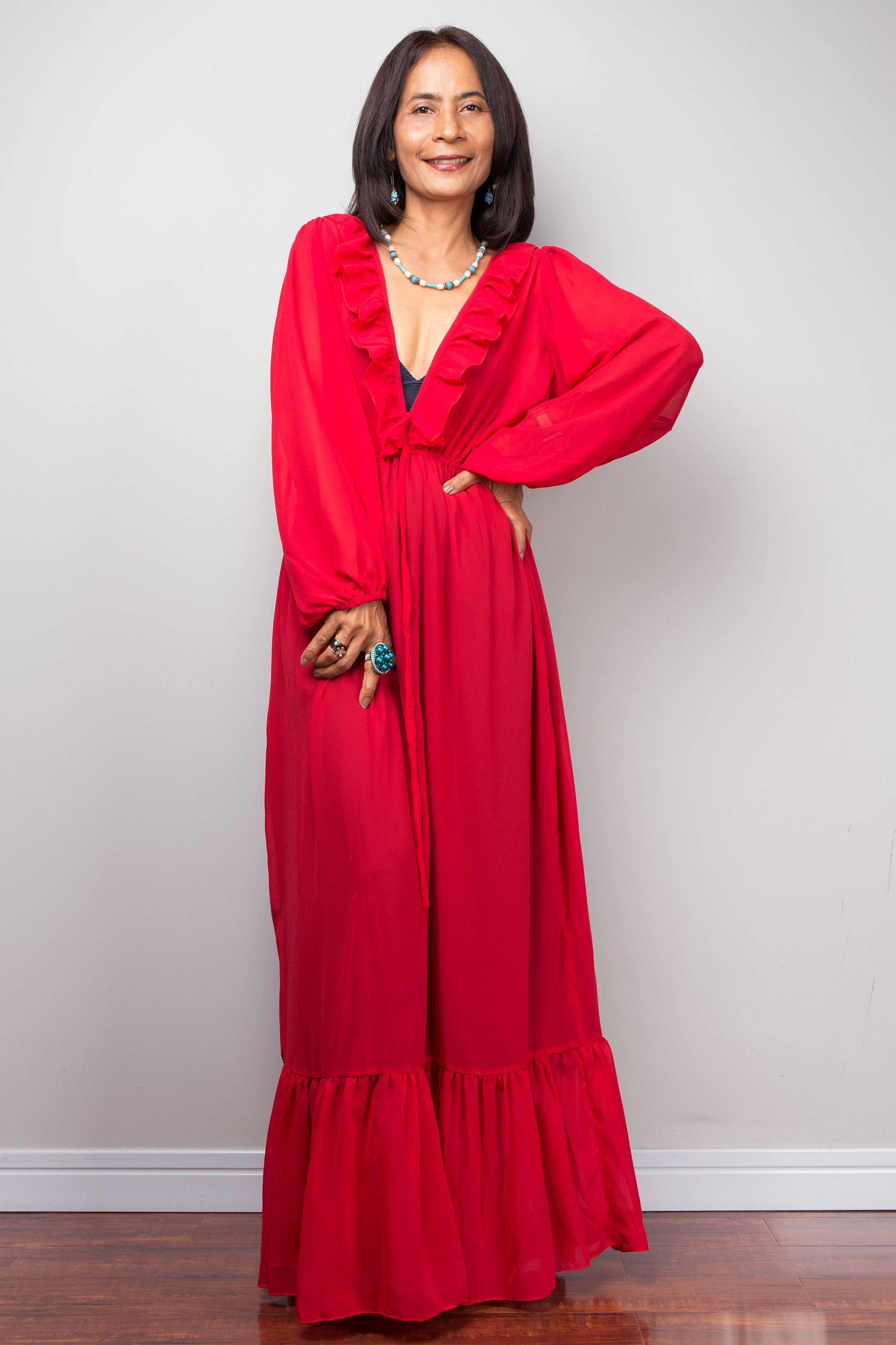 Nuichan Chiffon Maxi Dress in red, sheer fabric, women’s boho outfit 2025.